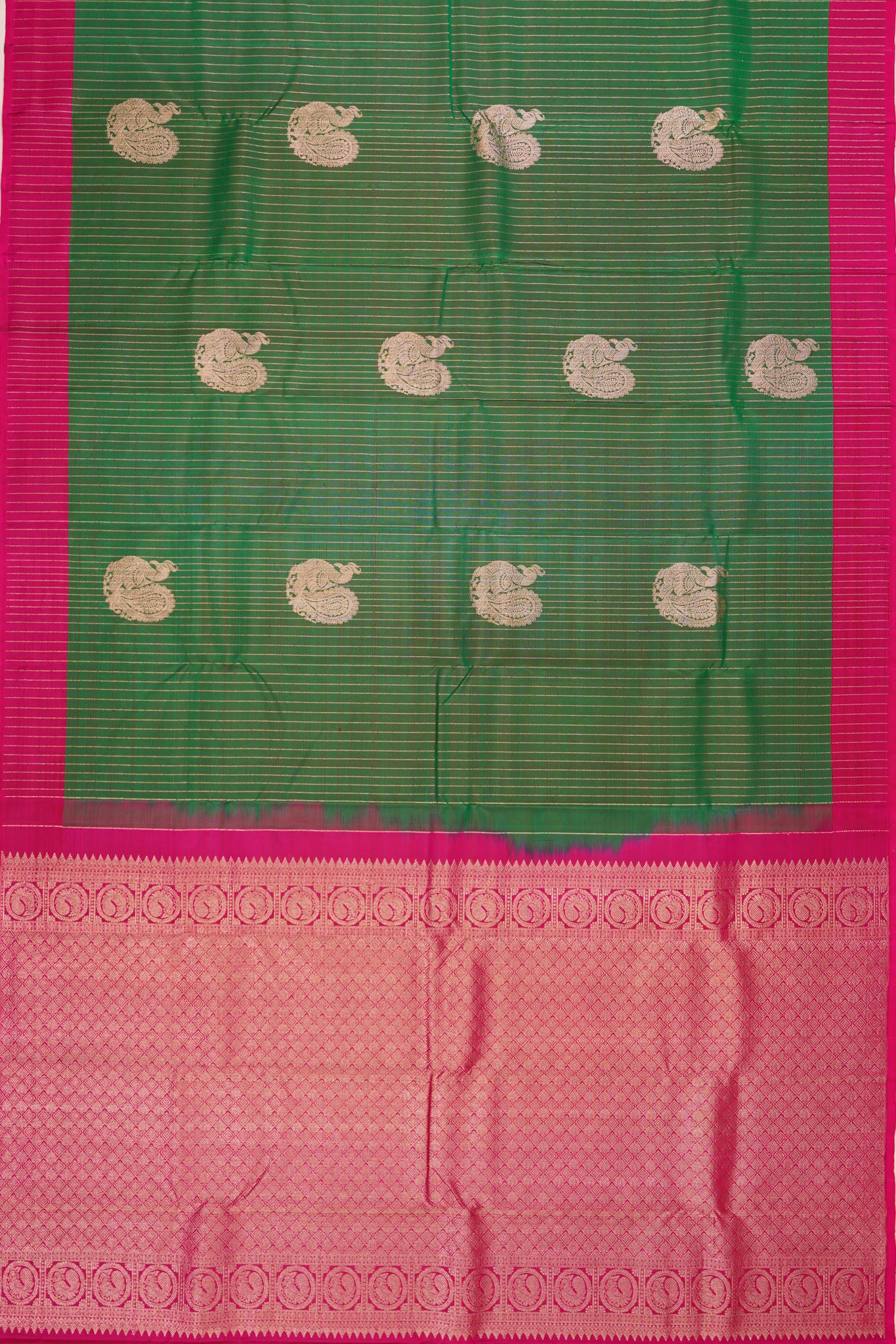 Kanchipuram Silk Vertical Lines And Butta Dark Green Saree