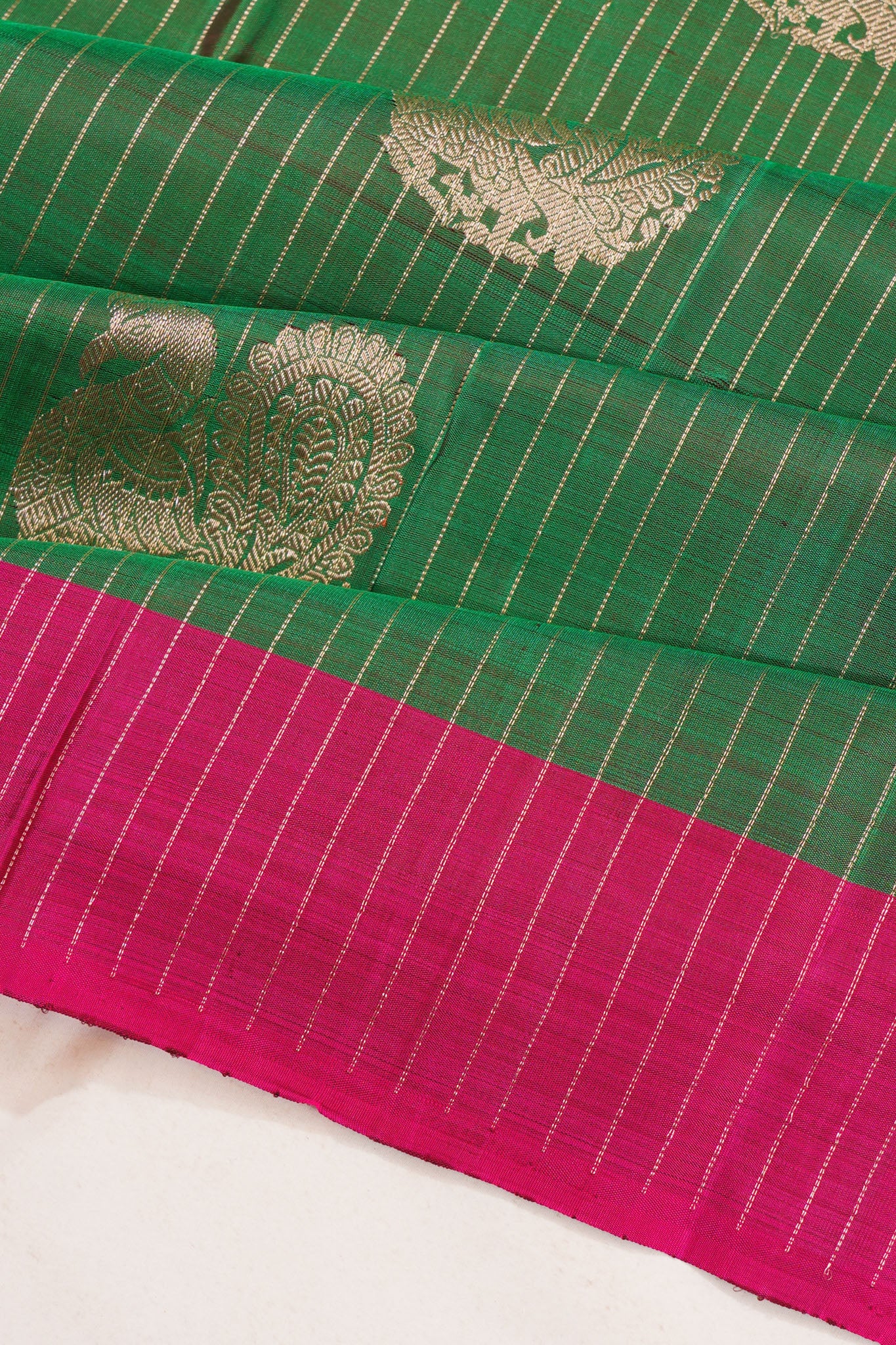 Kanchipuram Silk Vertical Lines And Butta Dark Green Saree