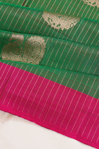 Kanchipuram Silk Vertical Lines And Butta Dark Green Saree