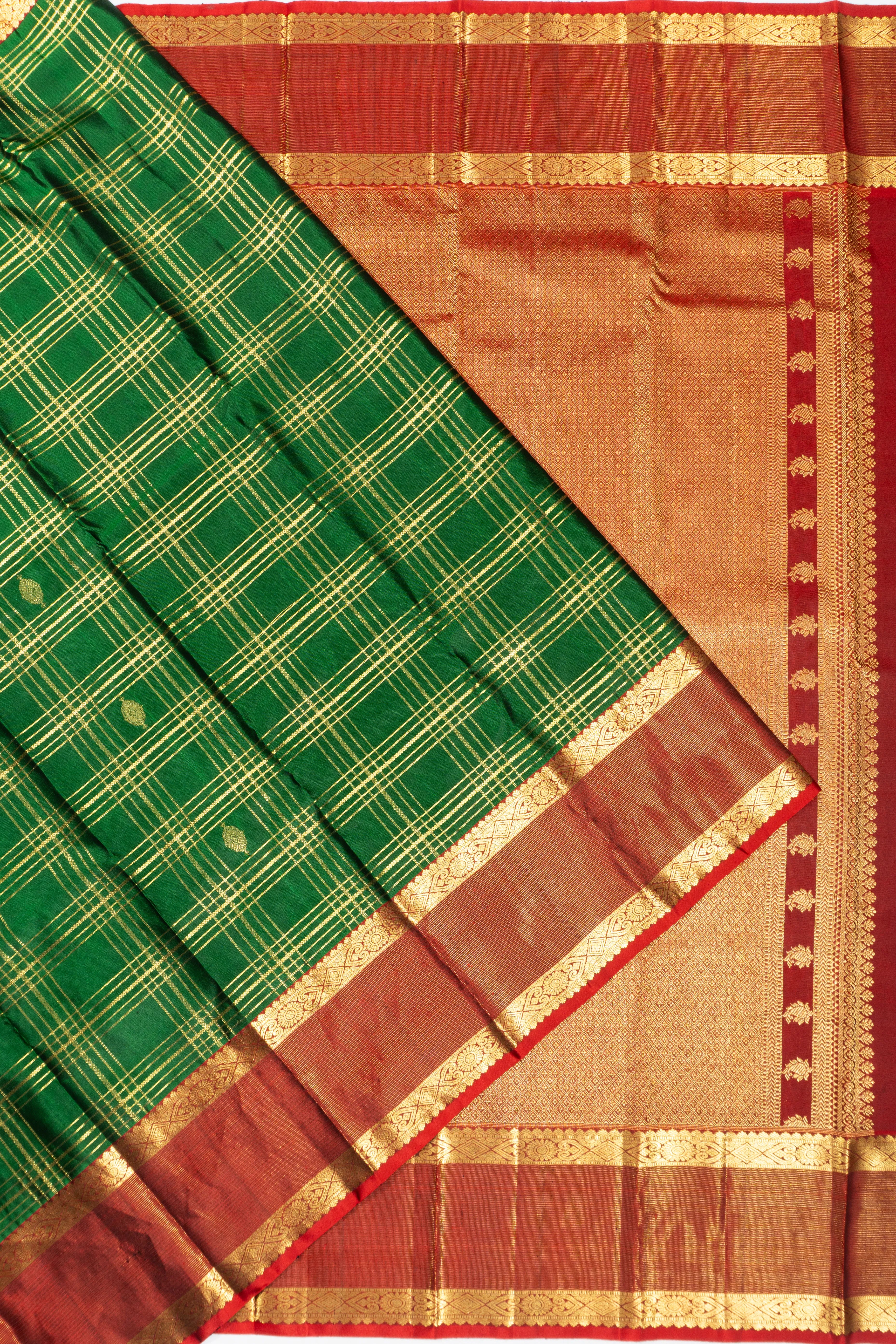 Taranga Kanchi Silk Checks And Butta Green Saree With Rettai Pettu Border