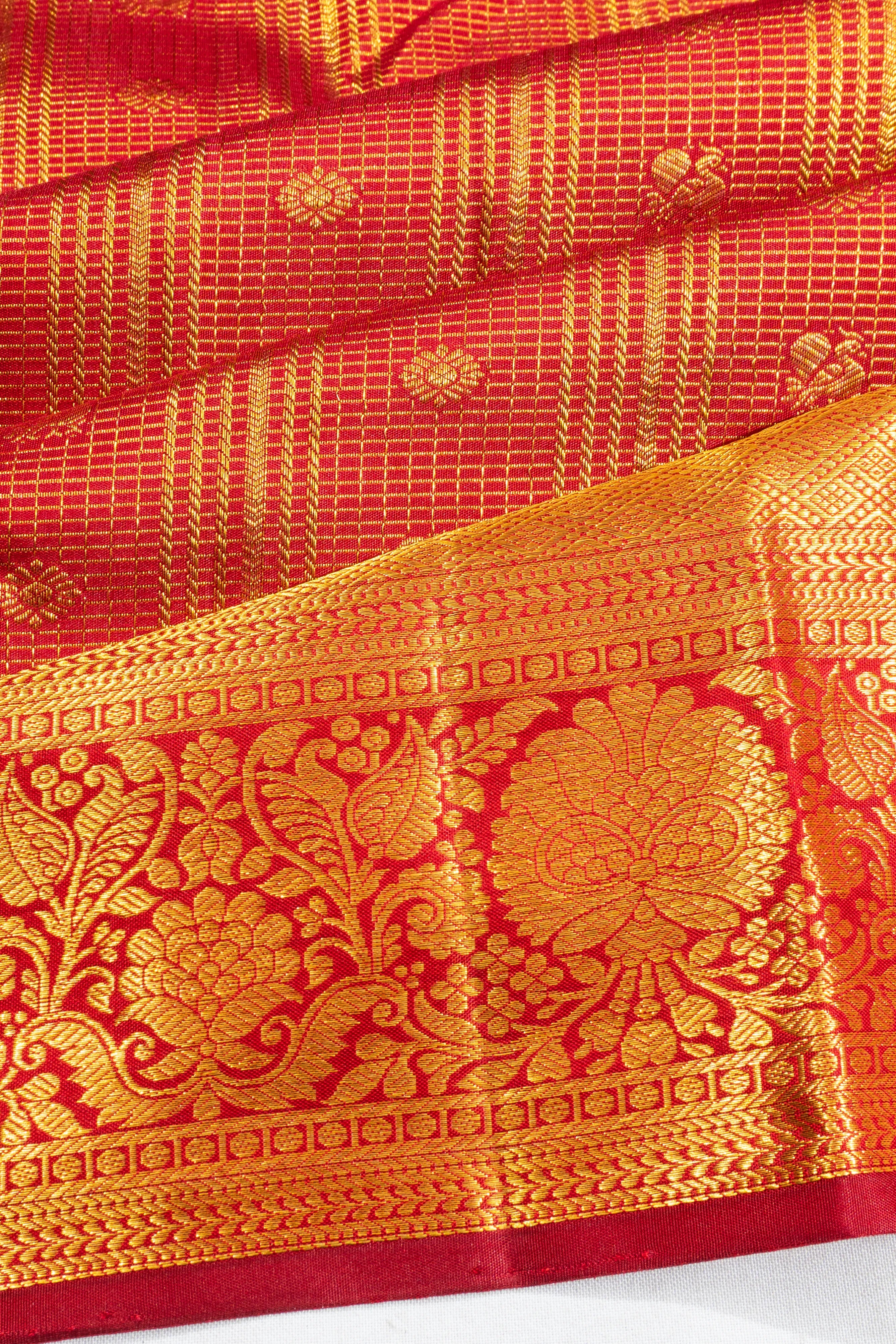 Kanchipuram Silk Checks And Butta Red Saree
