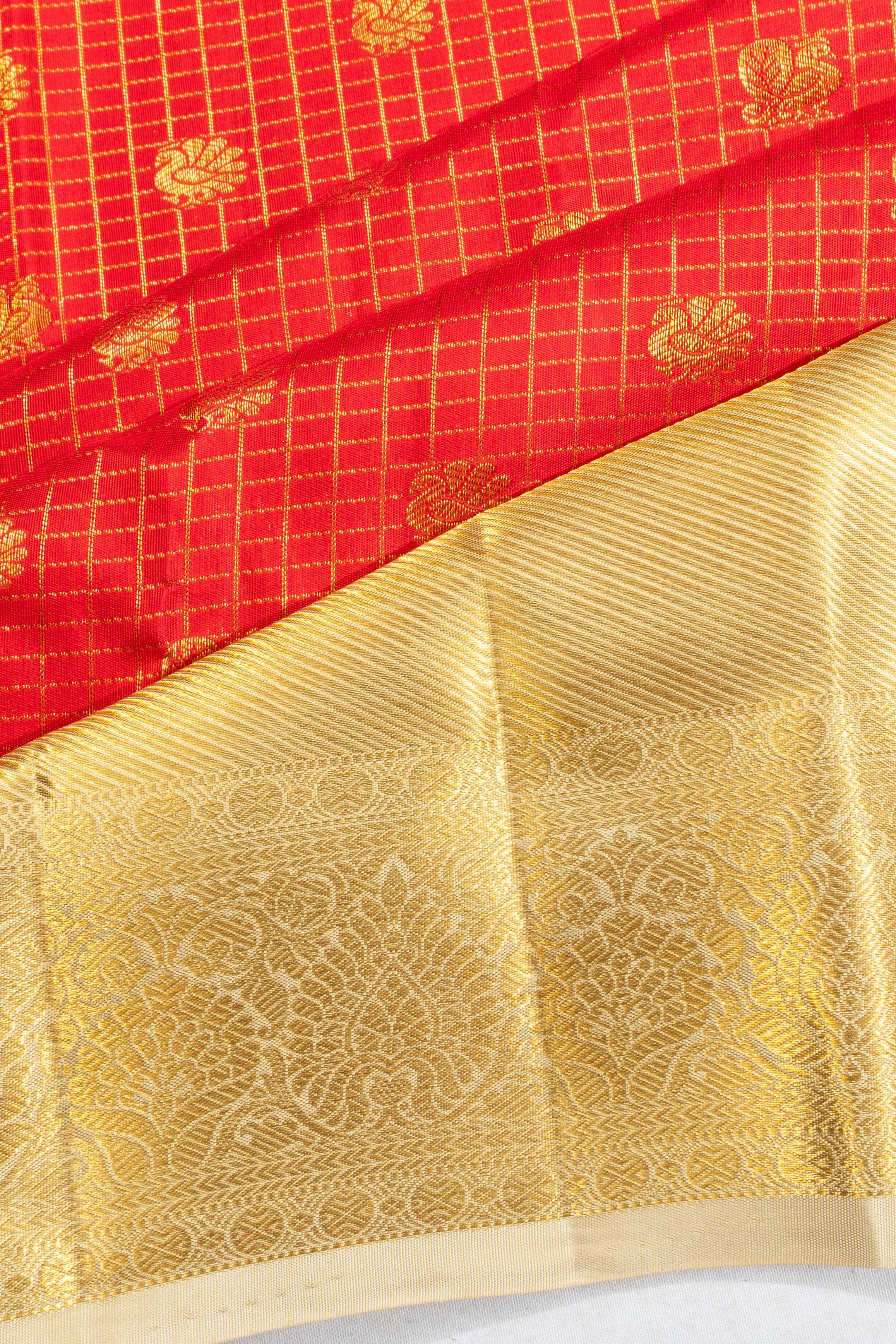 Kanchipuram Silk Checks And Butta Red Saree