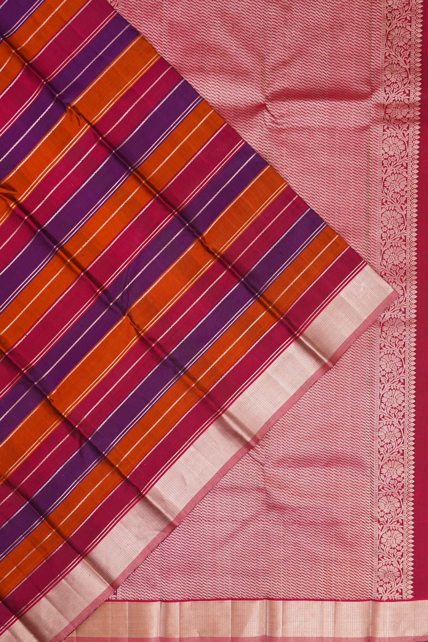 Kanchipuram Silk Horizontal Lines Multicolour Purple Saree