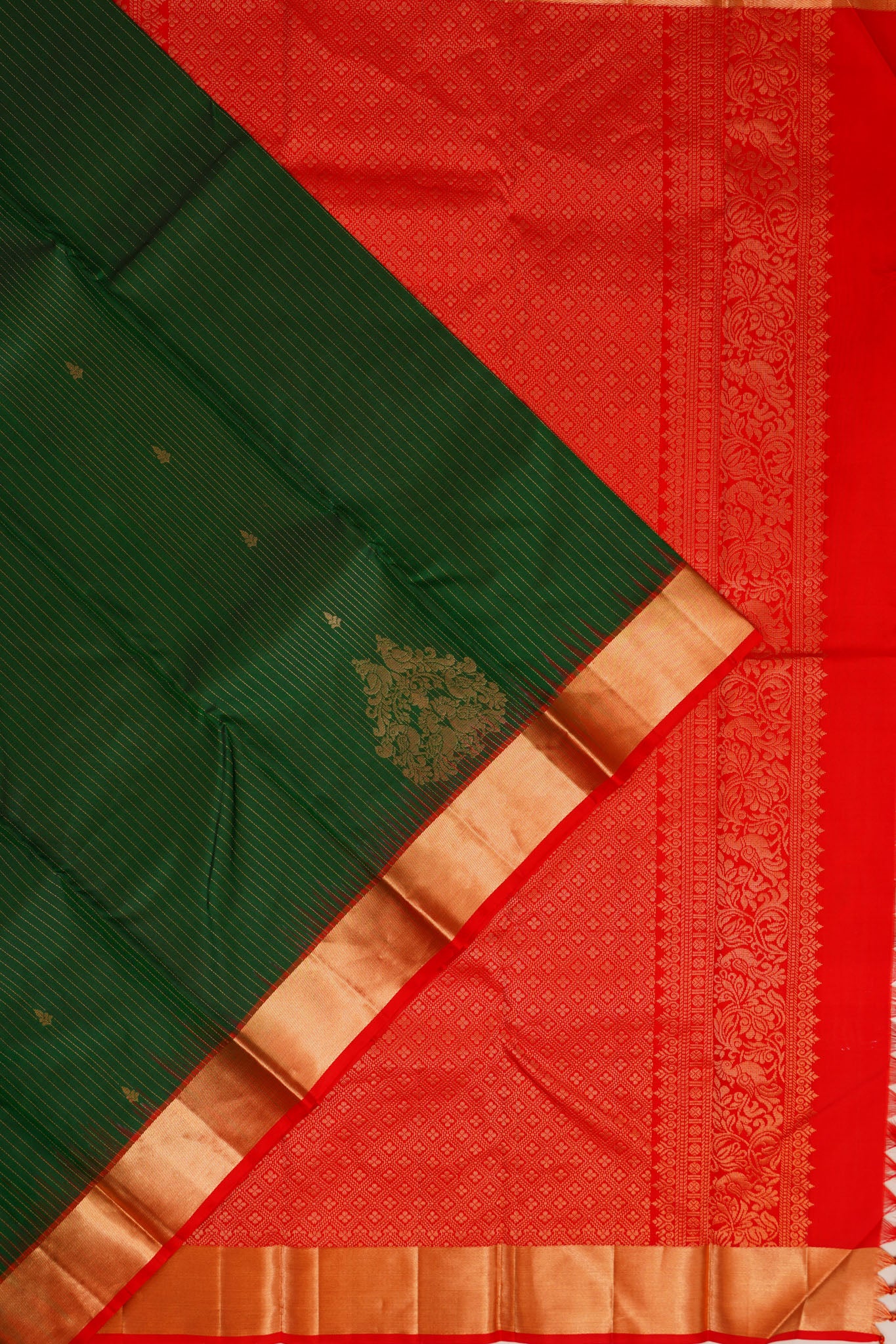 Taranga Kanchi Silk Vertical Lines And Butta Dark Green Saree
