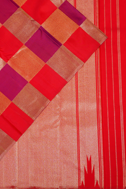 Kanchipuram Silk Checks Multicilour Red Saree