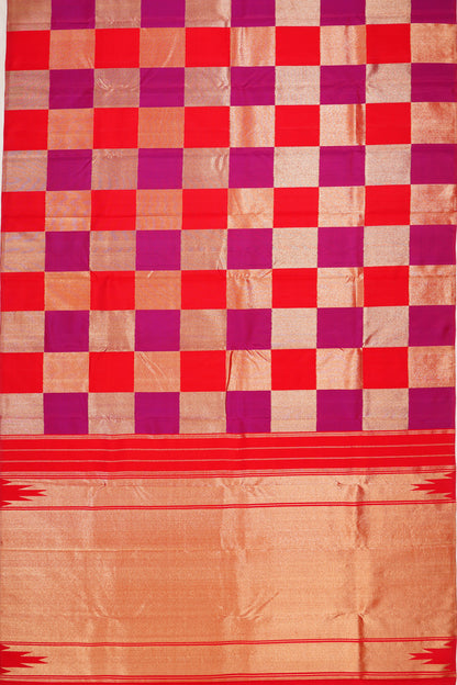 Kanchipuram Silk Checks Multicilour Red Saree