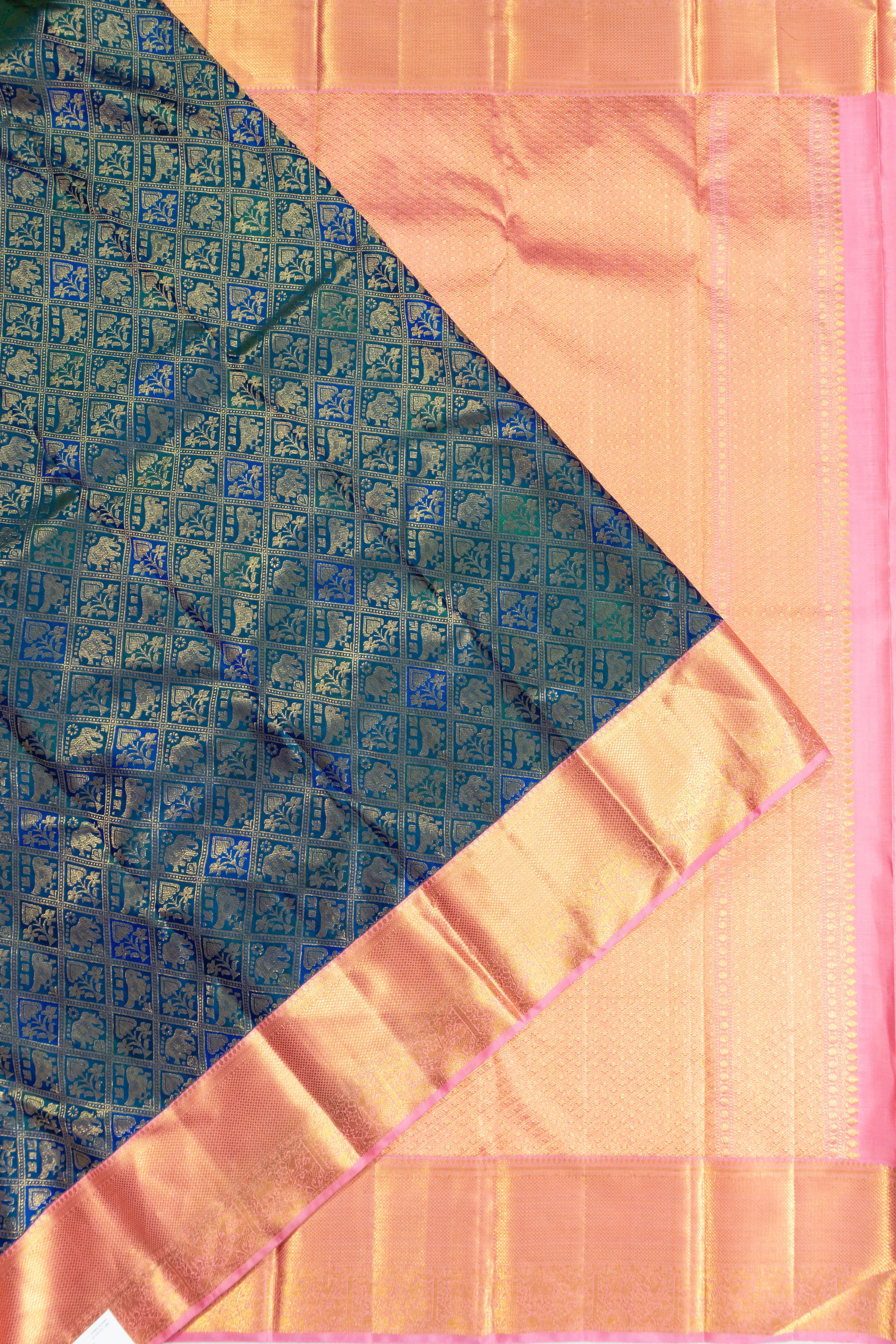 Kanchipuram Silk Criss Cross Checks And Butta Green And Blue Saree