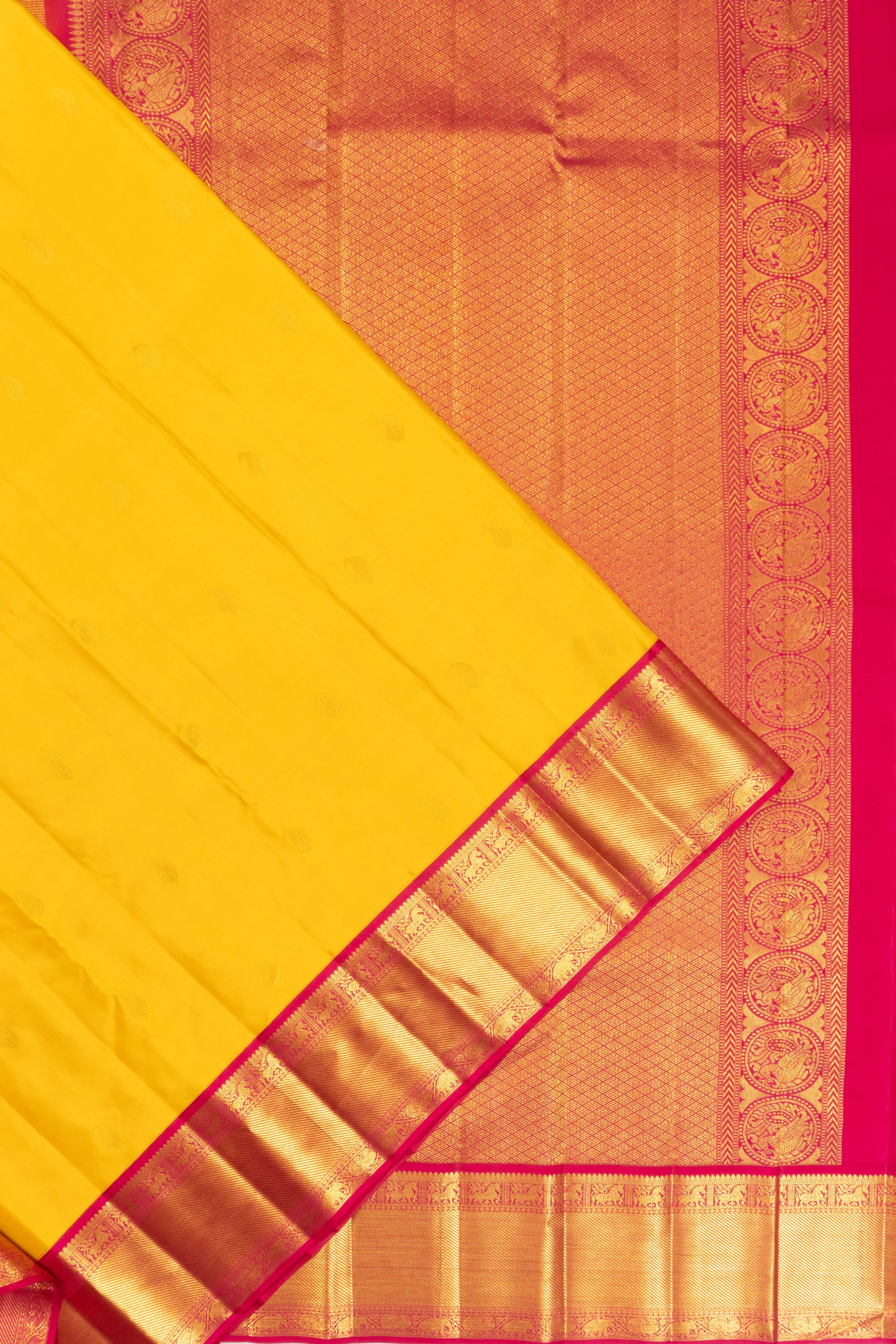 Classic Kanchipuram Silk Butta Yellow Saree With Ganga Jamuna Border
