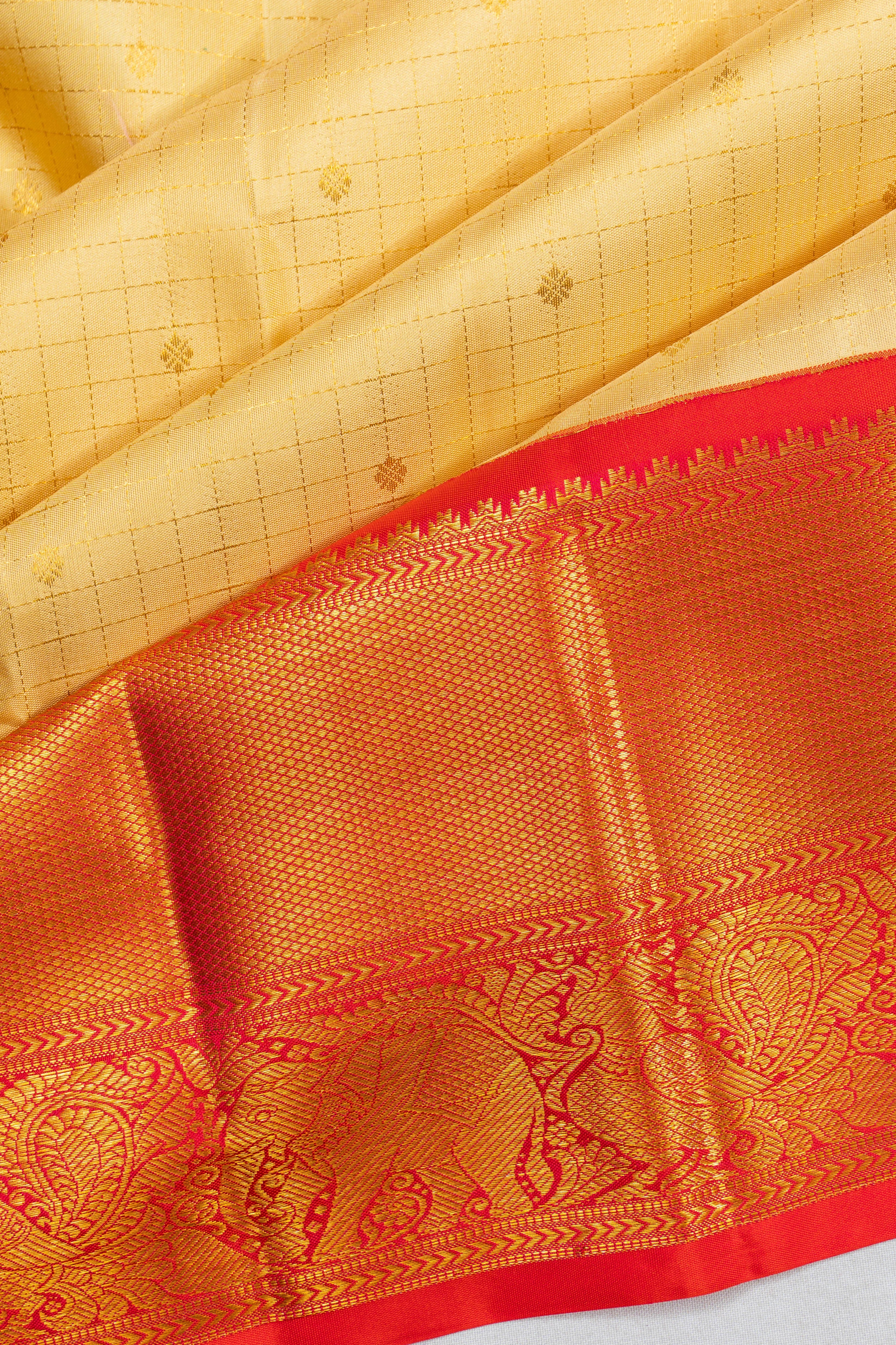 Kanchipuram Silk Checks And Butta Cream Saree