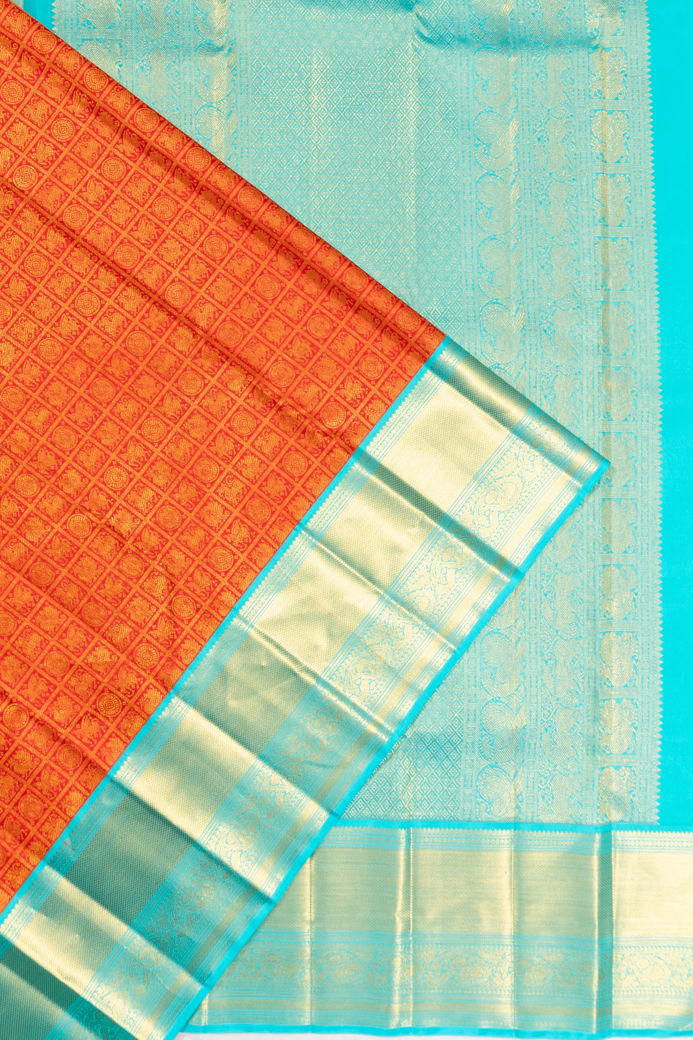 Kanchipuram Silk Checks And Butta Orange Saree