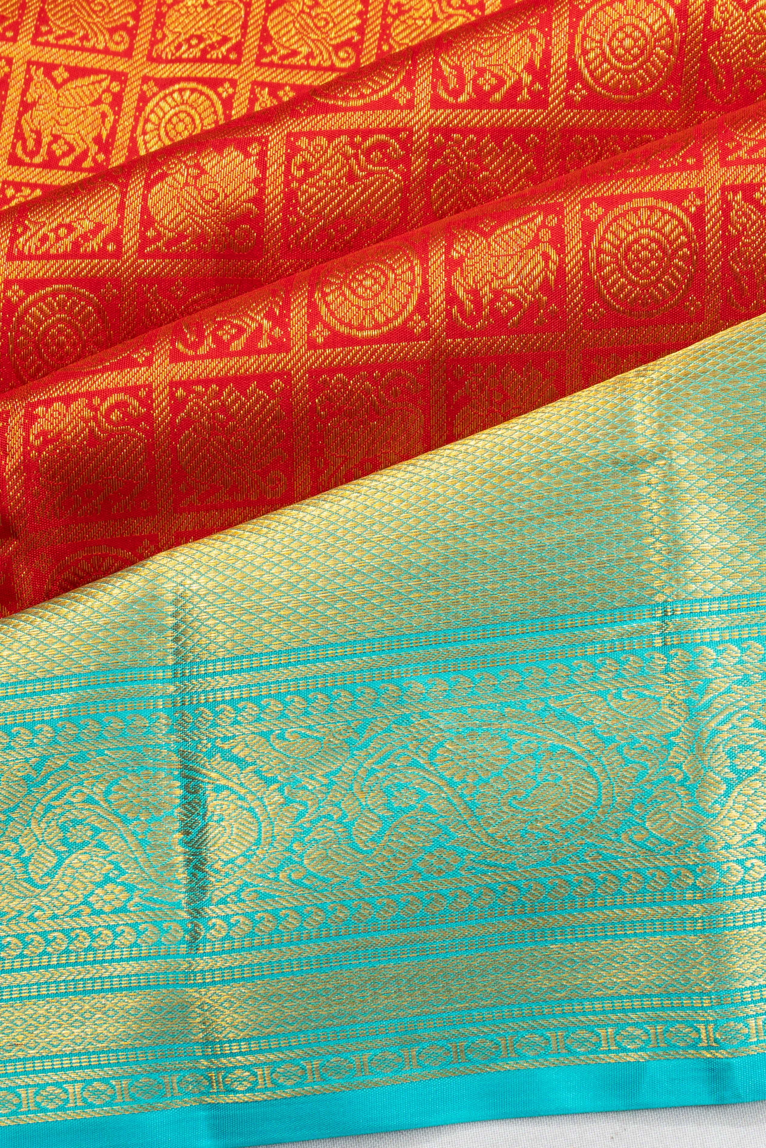Kanchipuram Silk Checks And Butta Orange Saree