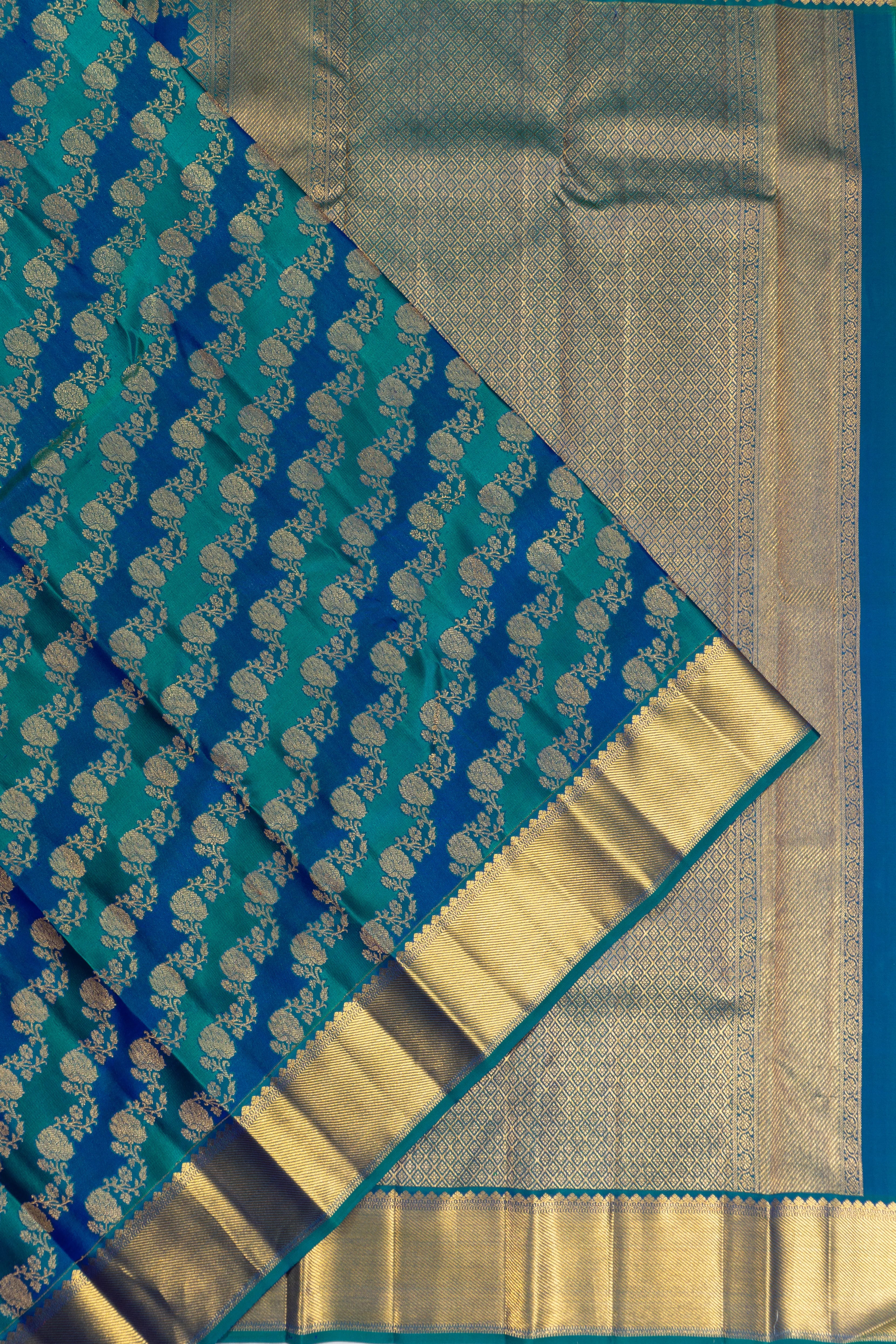 Kanchipuram Silk Leheriya Jaal Blue And Sea Green Saree