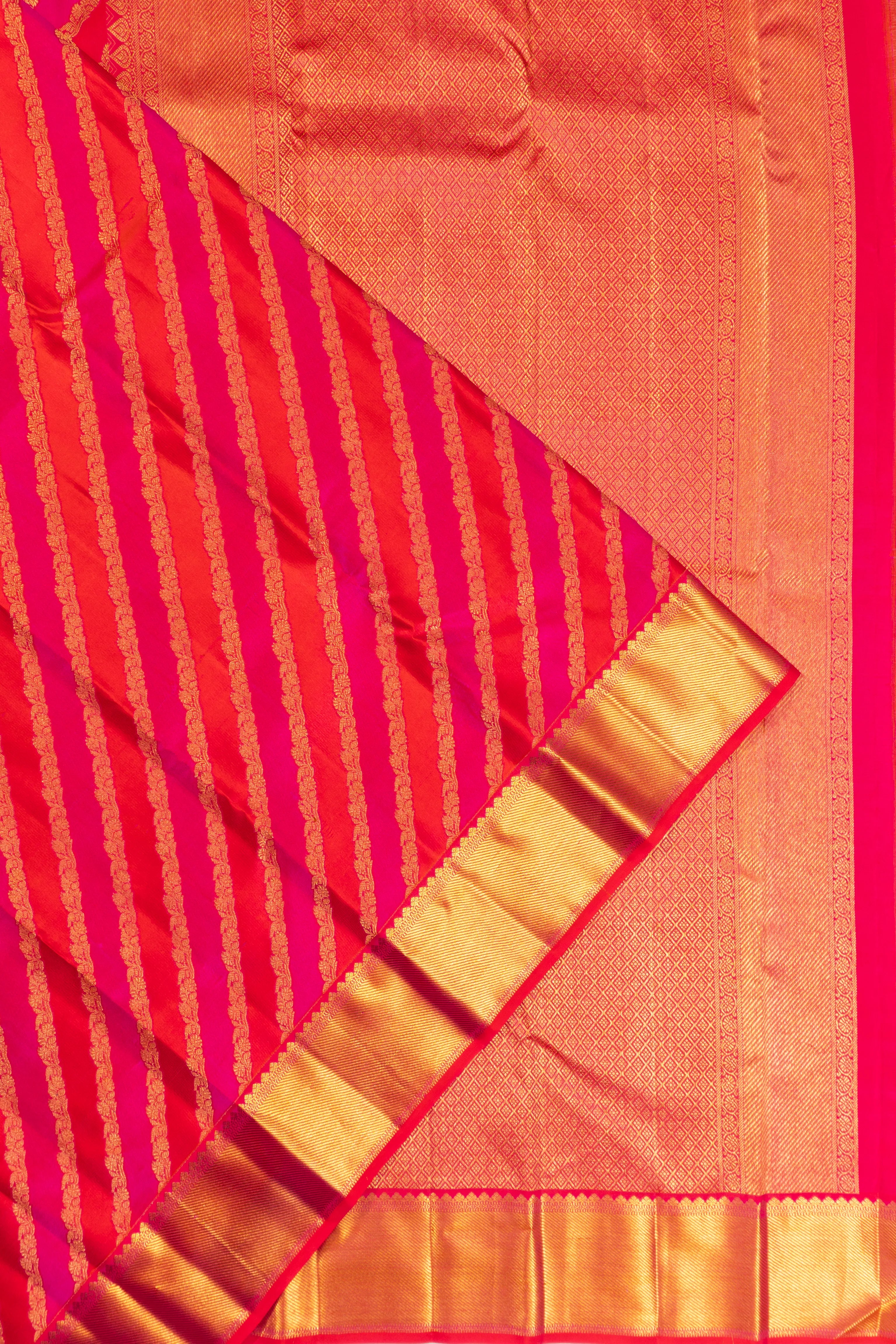 Kanchipuram Silk Tissue Leheriya Jaal Pink And Red Saree