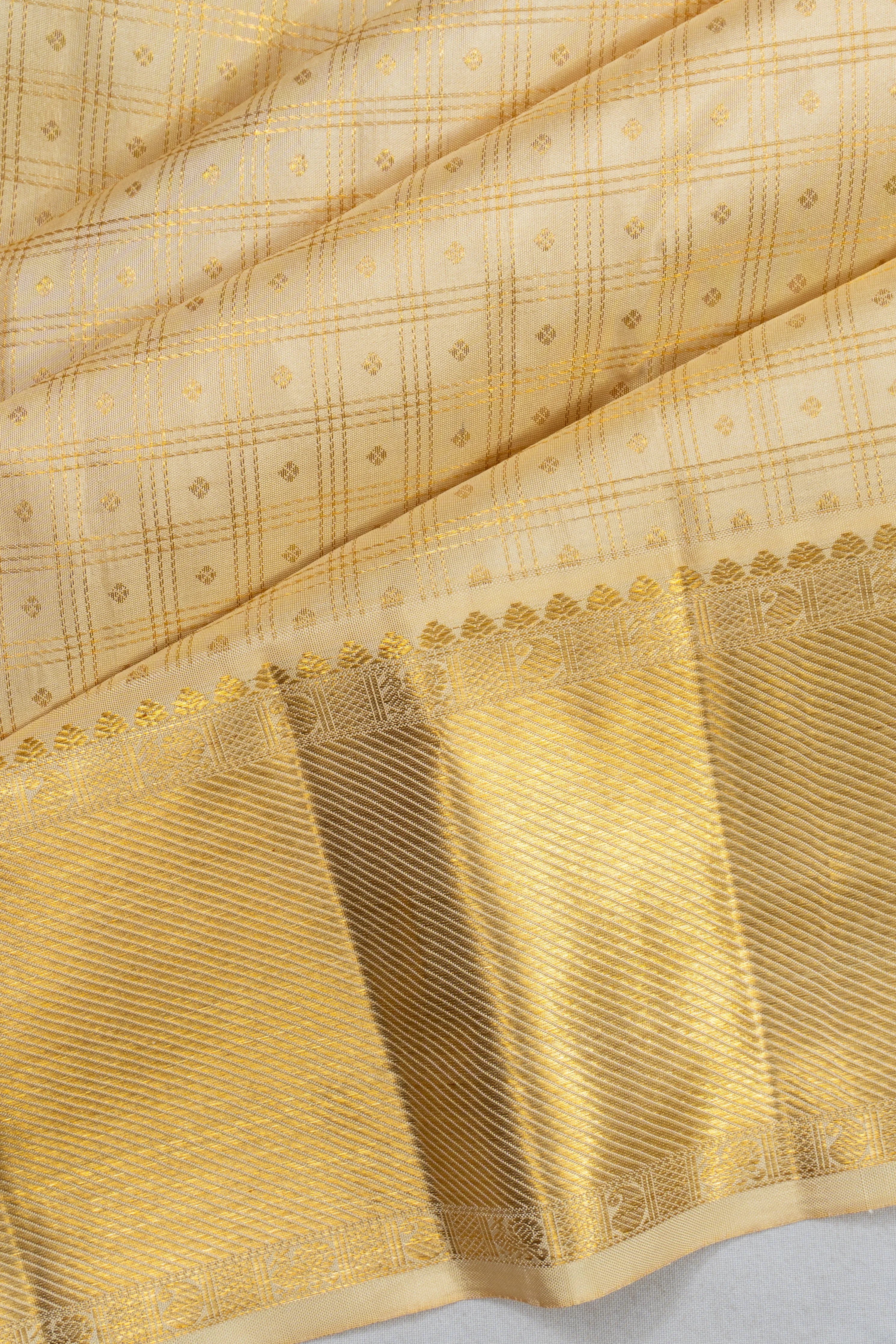 Classic Kanchipuram Silk Checks And Butta Cream Saree