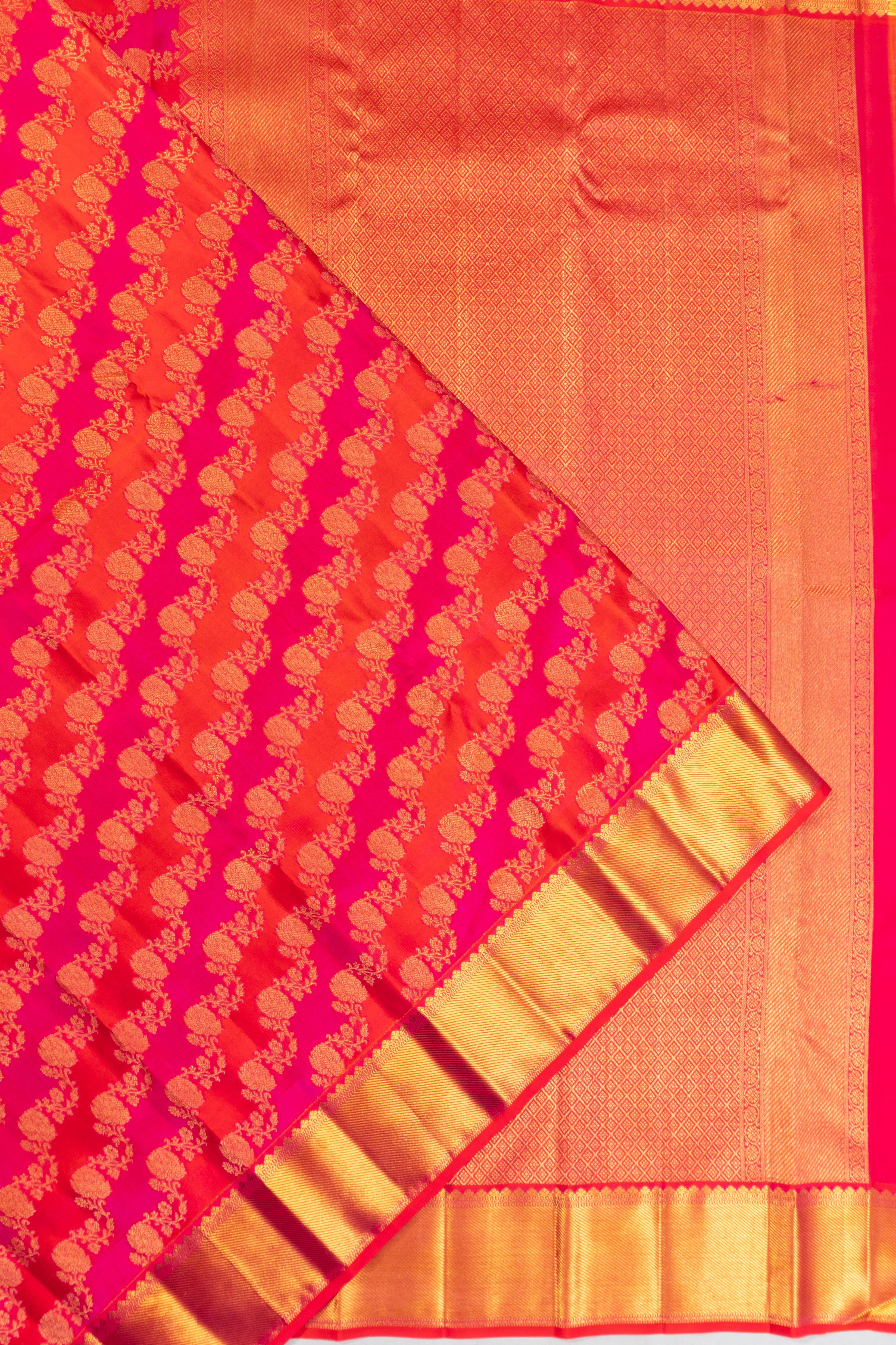 Kanchipuram Silk Tissue Leheriya Jaal Pink And Orange Saree