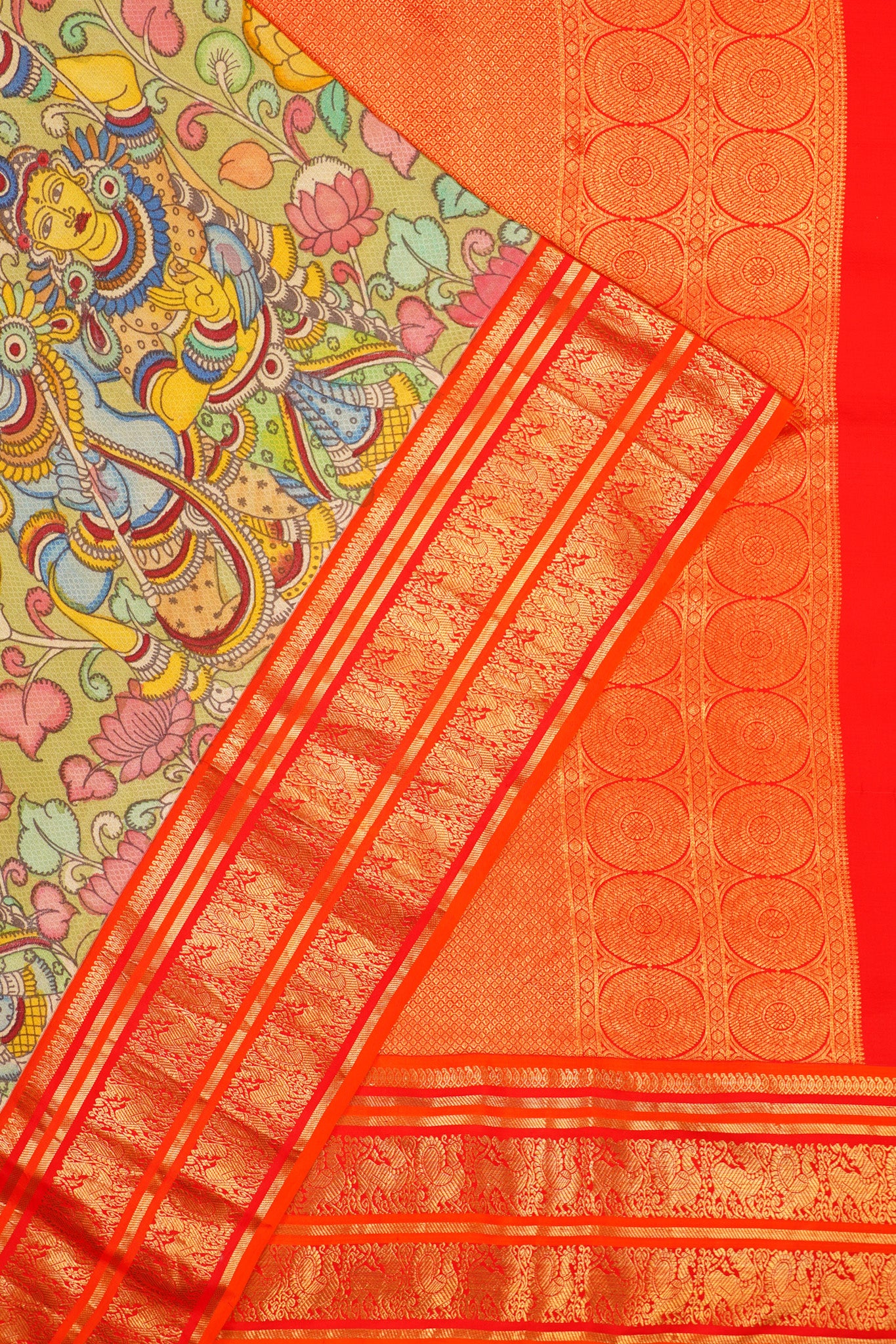 Kanchipuram Silk Kalamkari Handpainted Green Saree