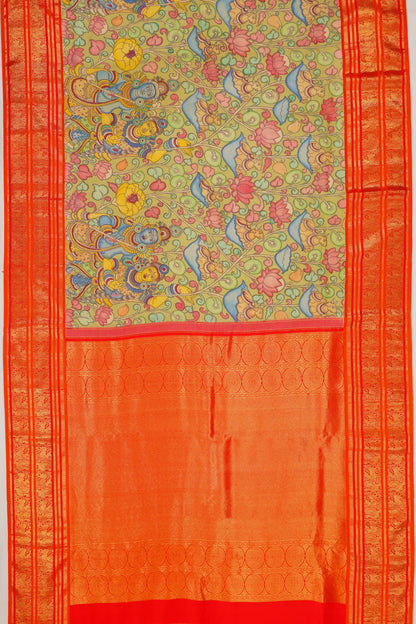 Kanchipuram Silk Kalamkari Handpainted Green Saree