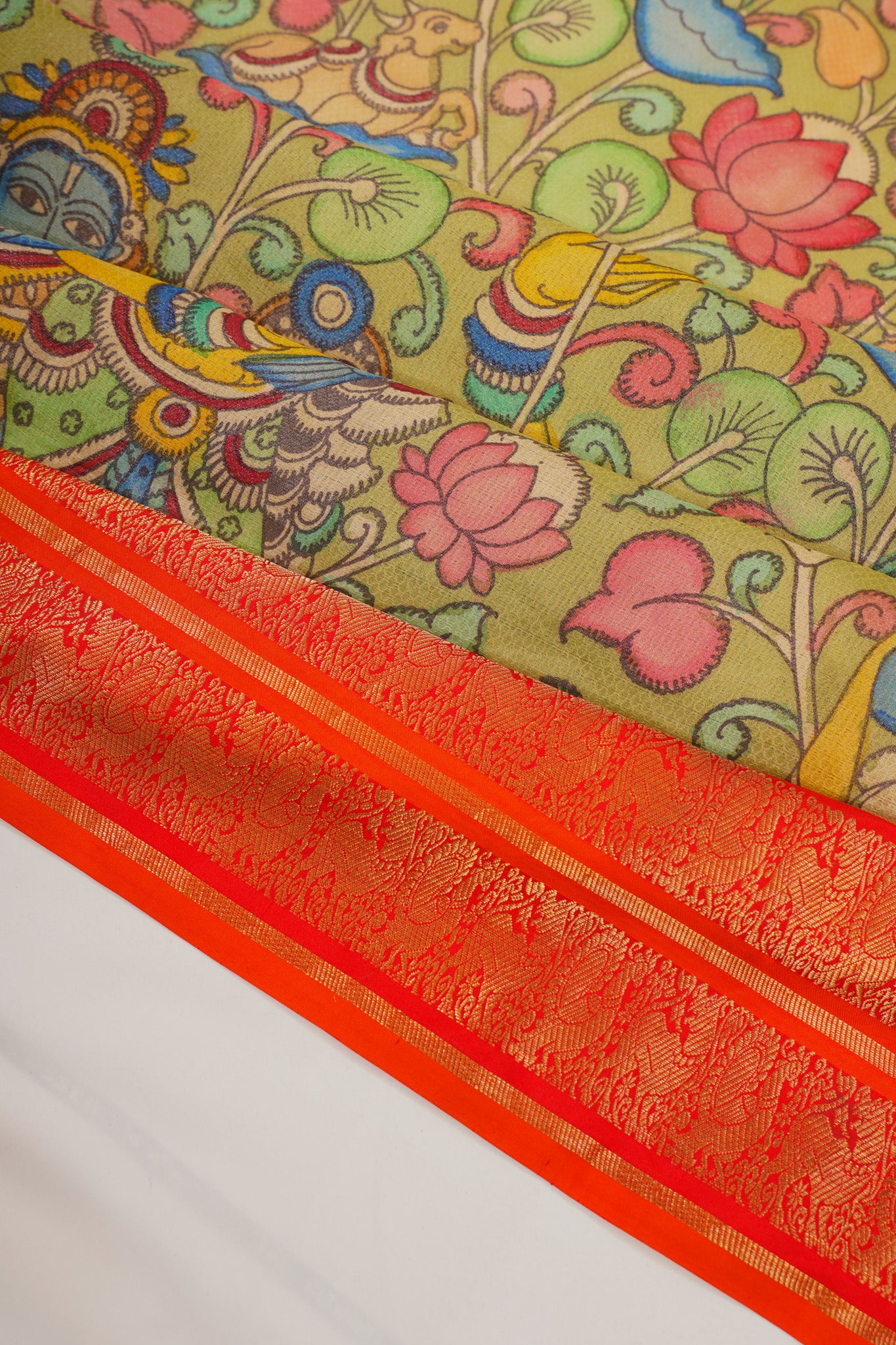 Kanchipuram Silk Kalamkari Handpainted Green Saree