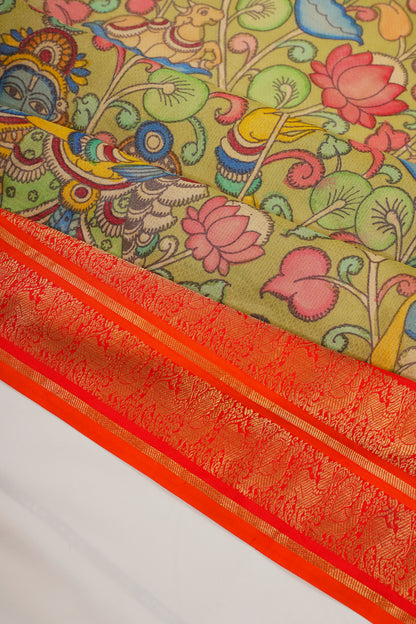 Kanchipuram Silk Kalamkari Handpainted Green Saree