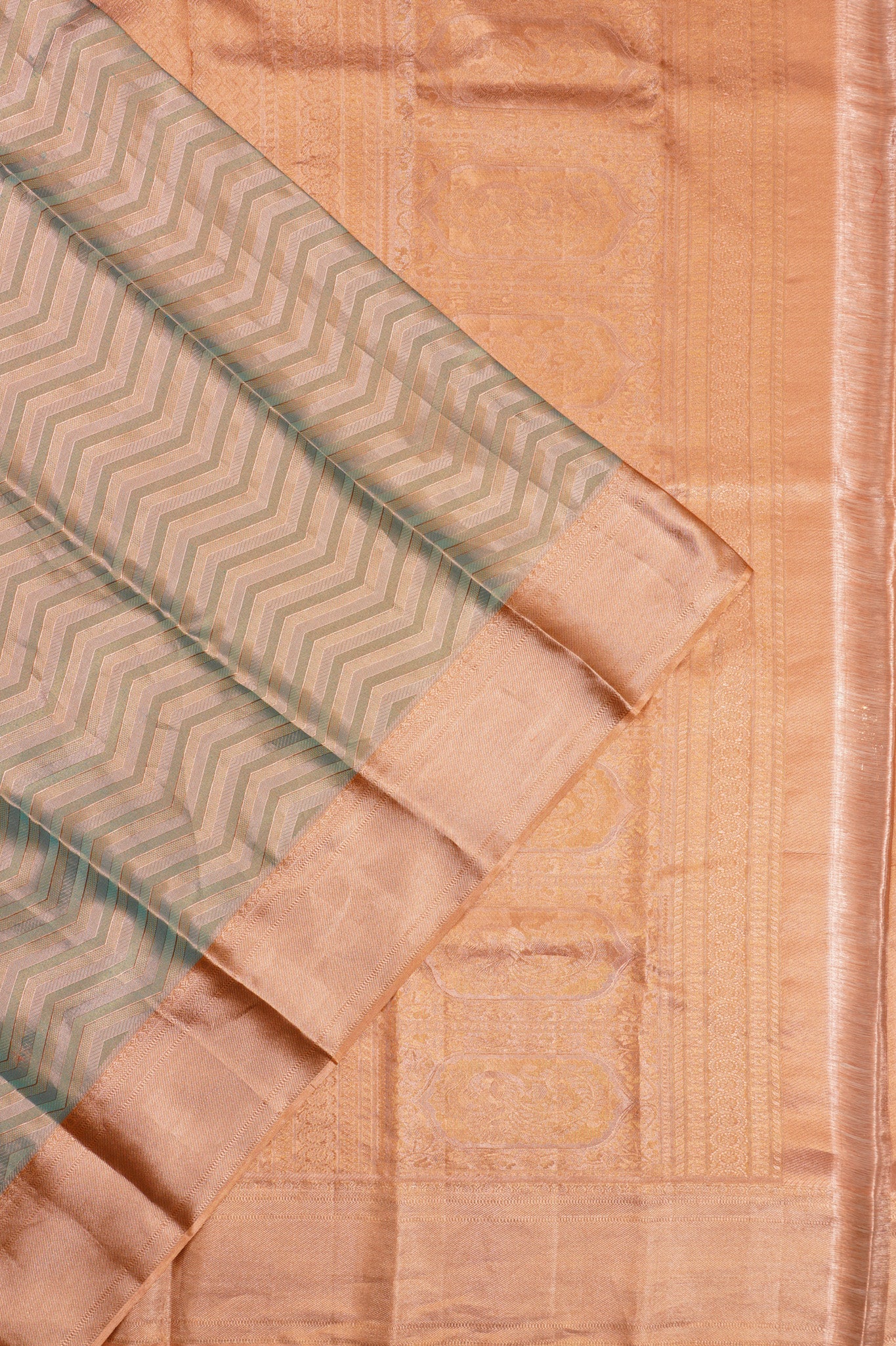 Taranga Kanchi Silk Tissue Zig Zag Lines Green Saree