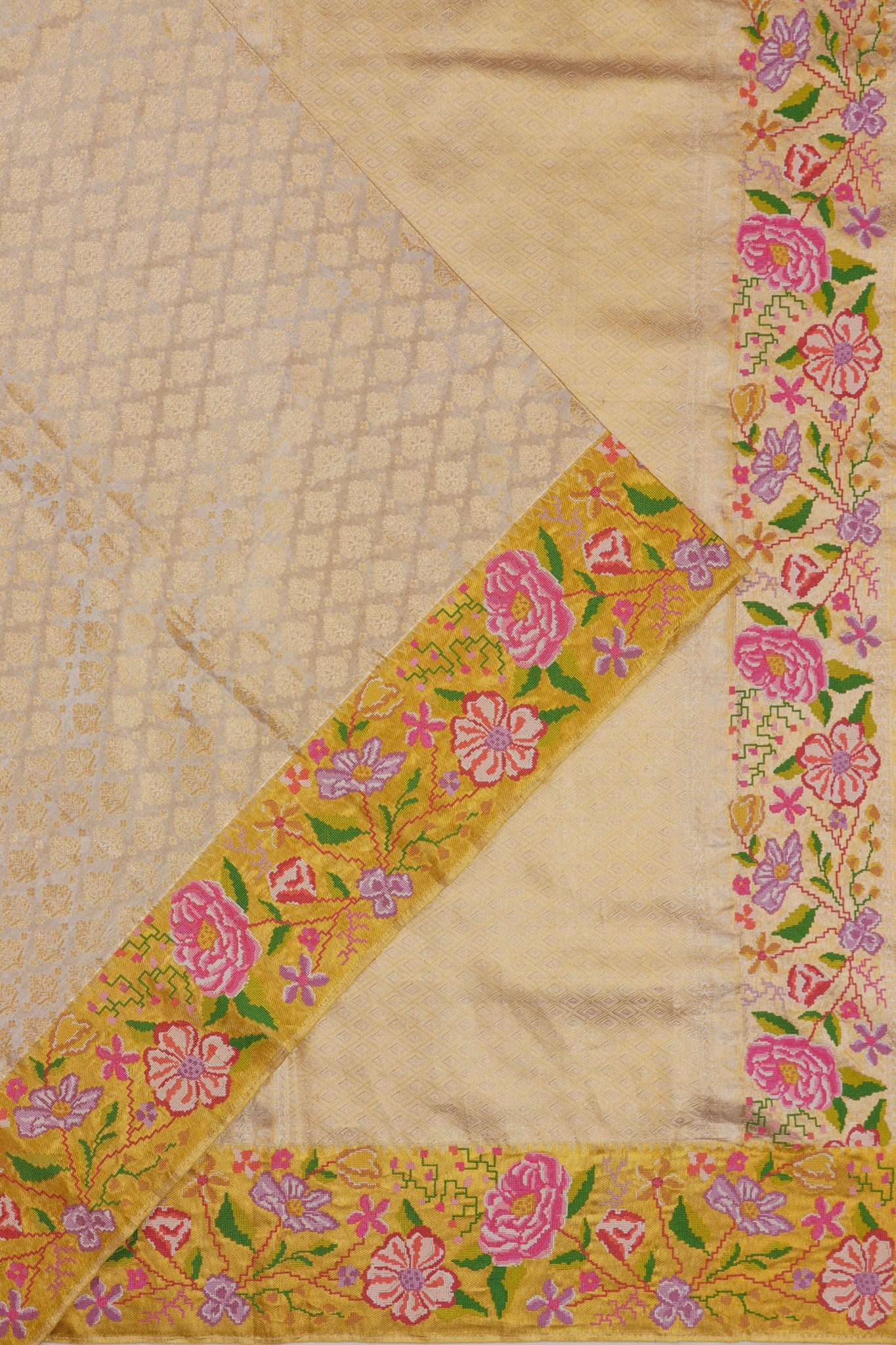 Kanchipuram Silk Tissue Brocade Gold Saree With Embroidery Border