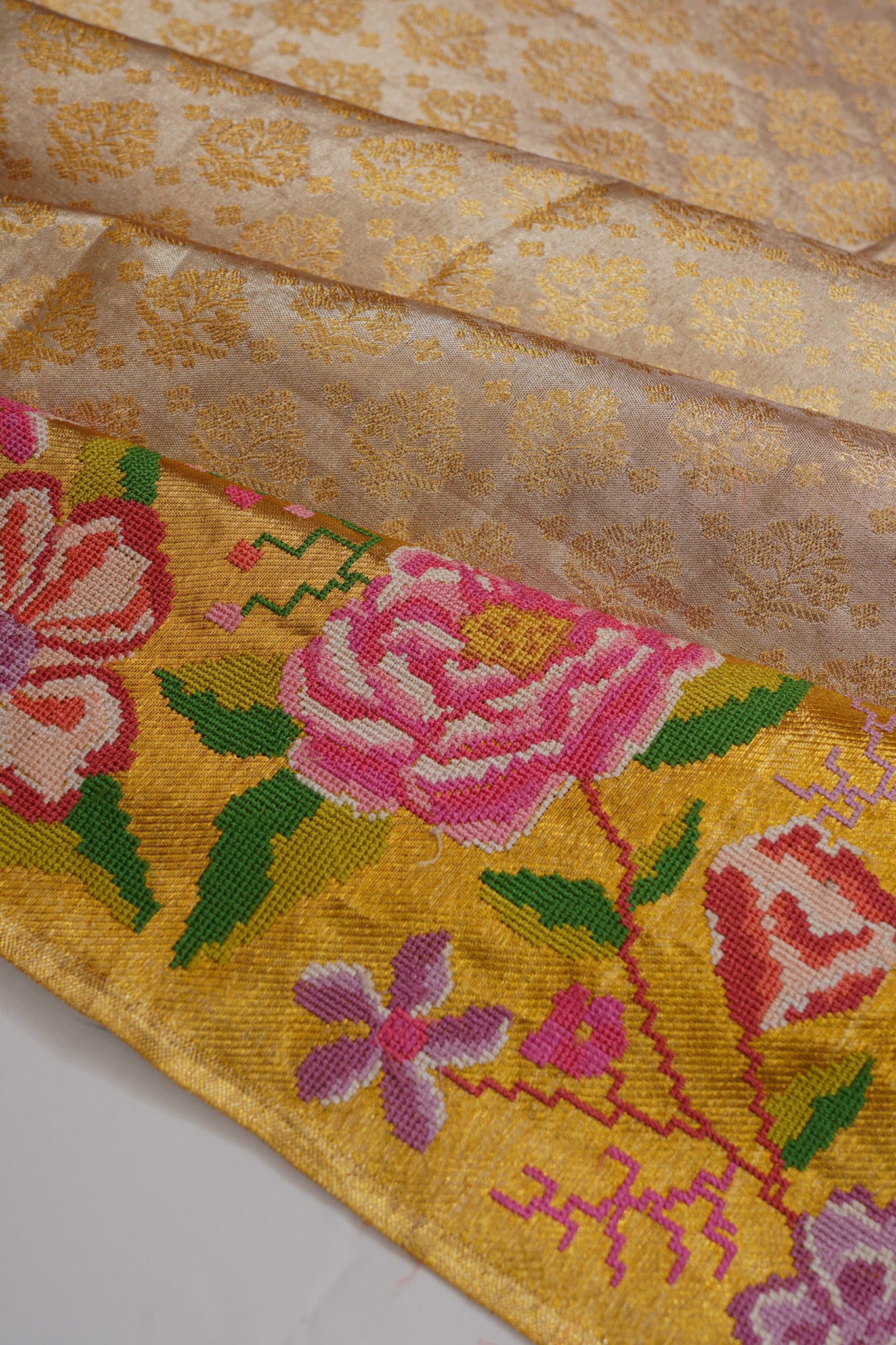 Kanchipuram Silk Tissue Brocade Gold Saree With Embroidery Border