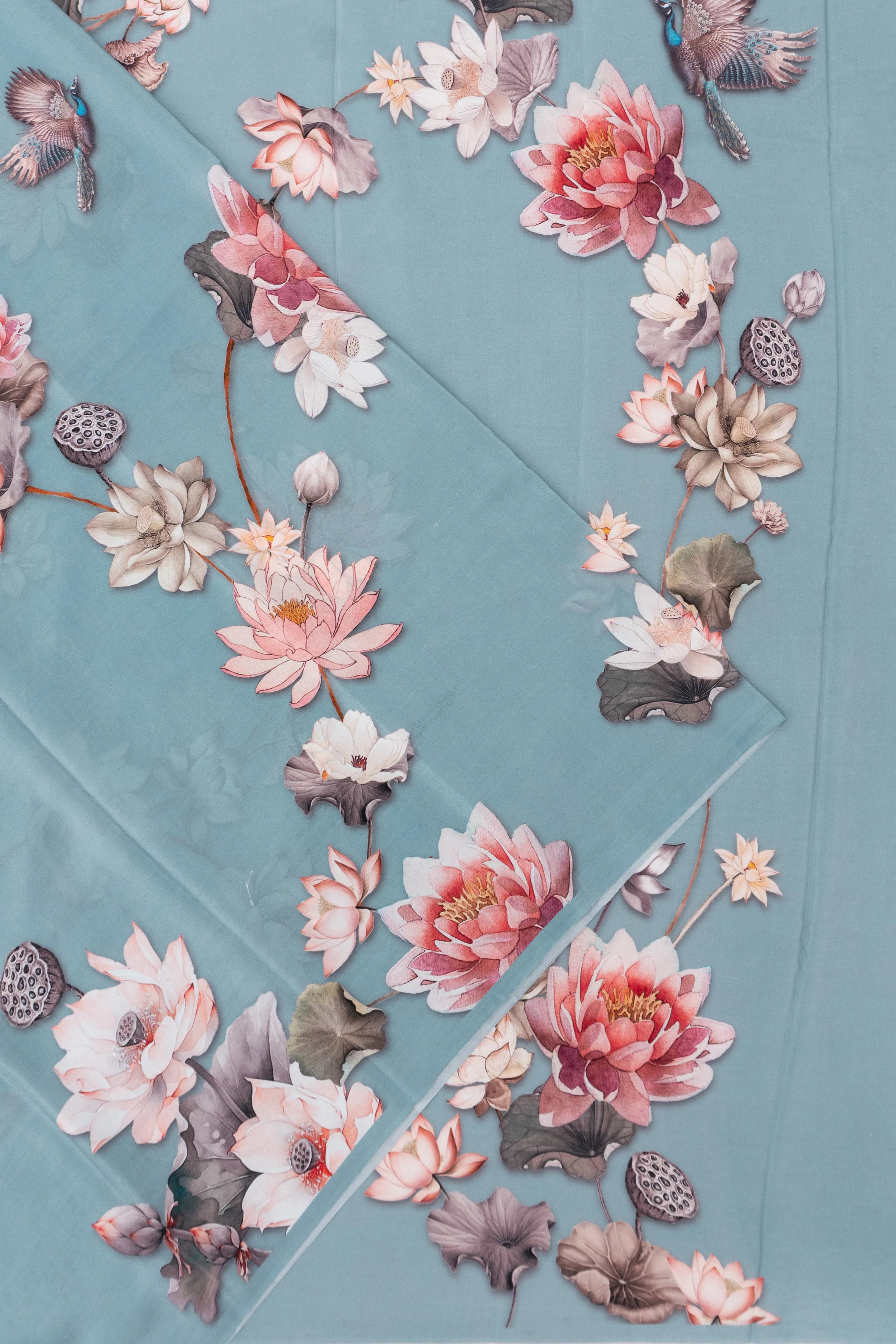 Georgette Floral Printed Sage Blue Saree