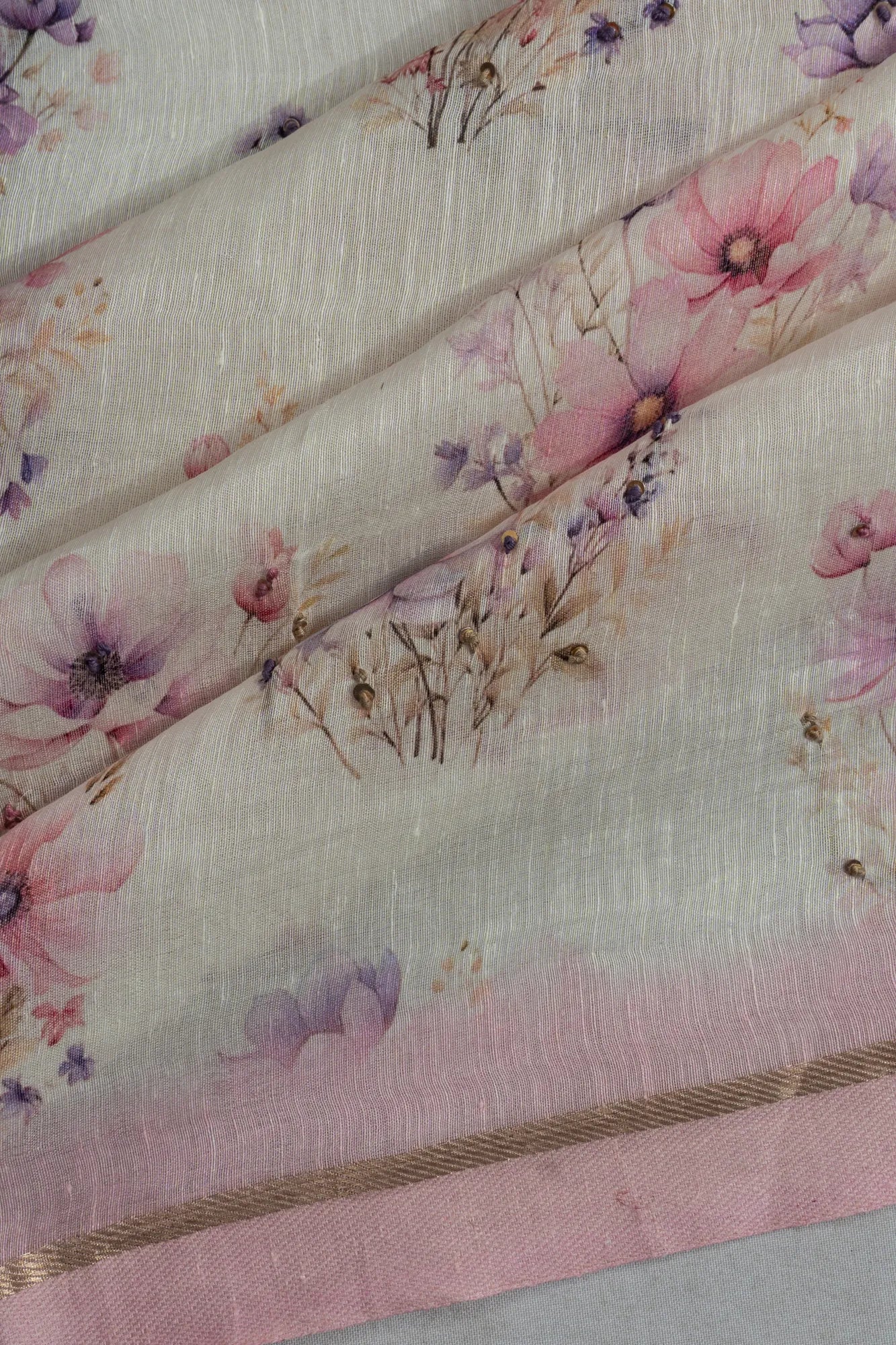 Linen Floral Printed White Saree