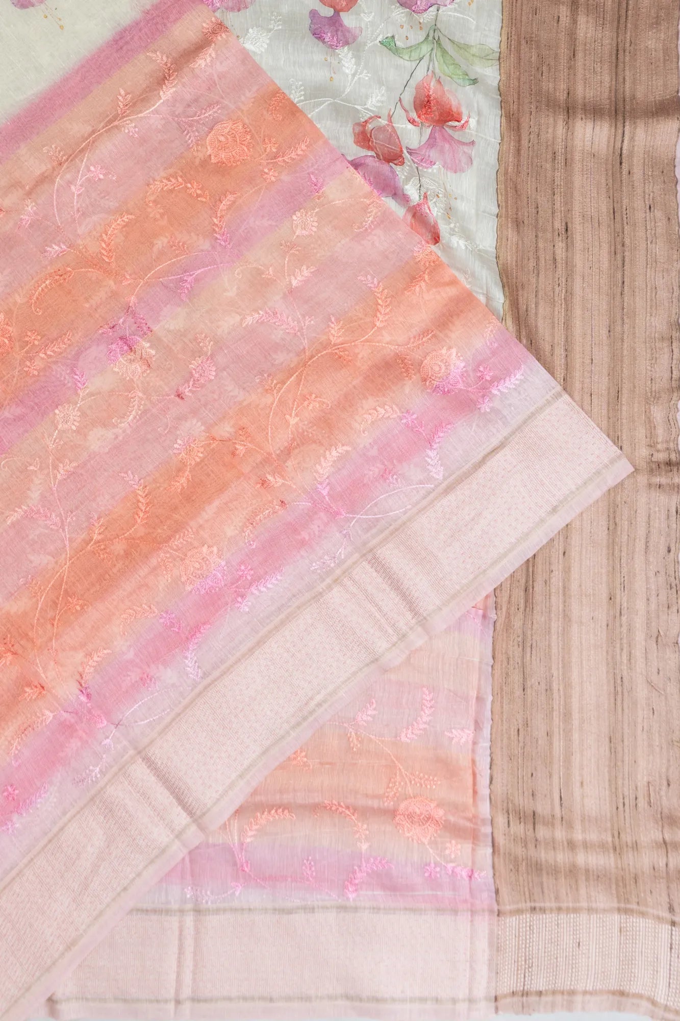 Linen Half And Half White Saree With Embroidery And Floral Prints