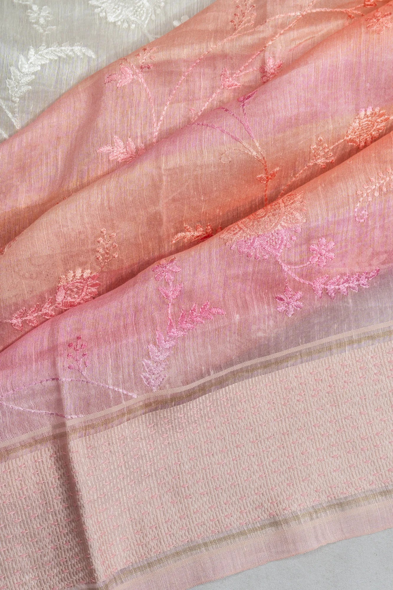 Linen Half And Half White Saree With Embroidery And Floral Prints