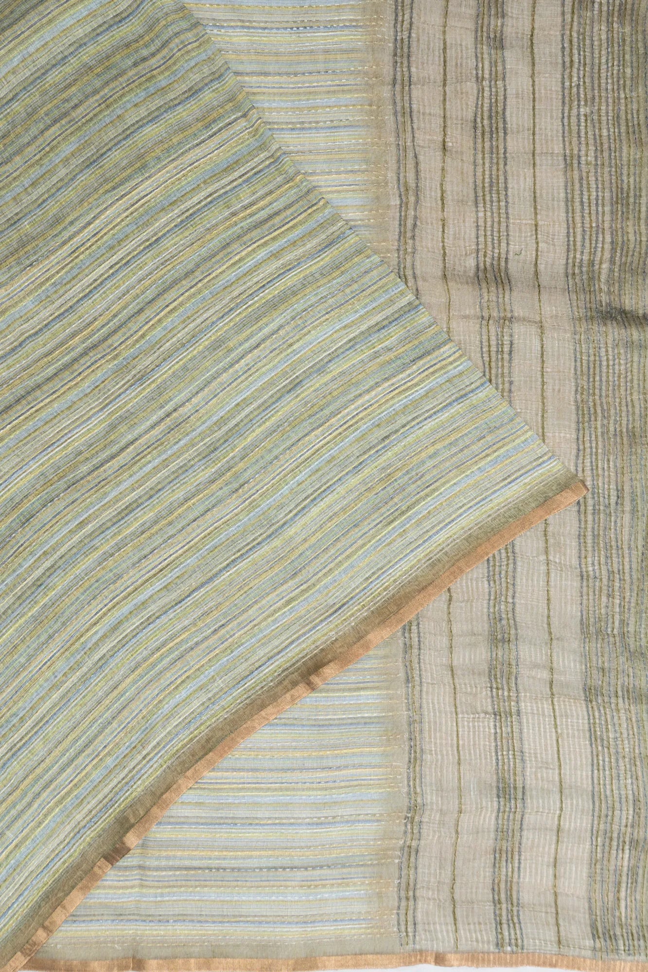 Linen Kantha Work Horizontal Lines Multicolour Green Saree