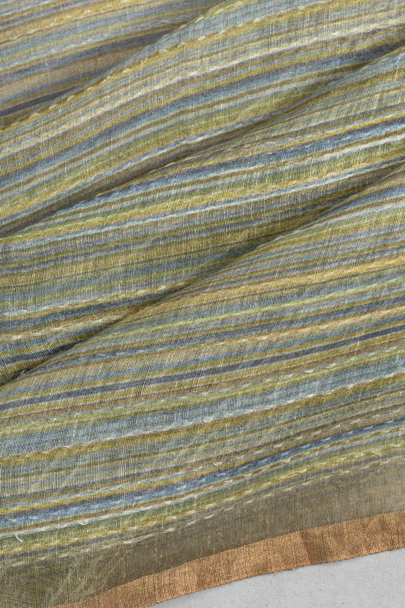 Linen Kantha Work Horizontal Lines Multicolour Green Saree