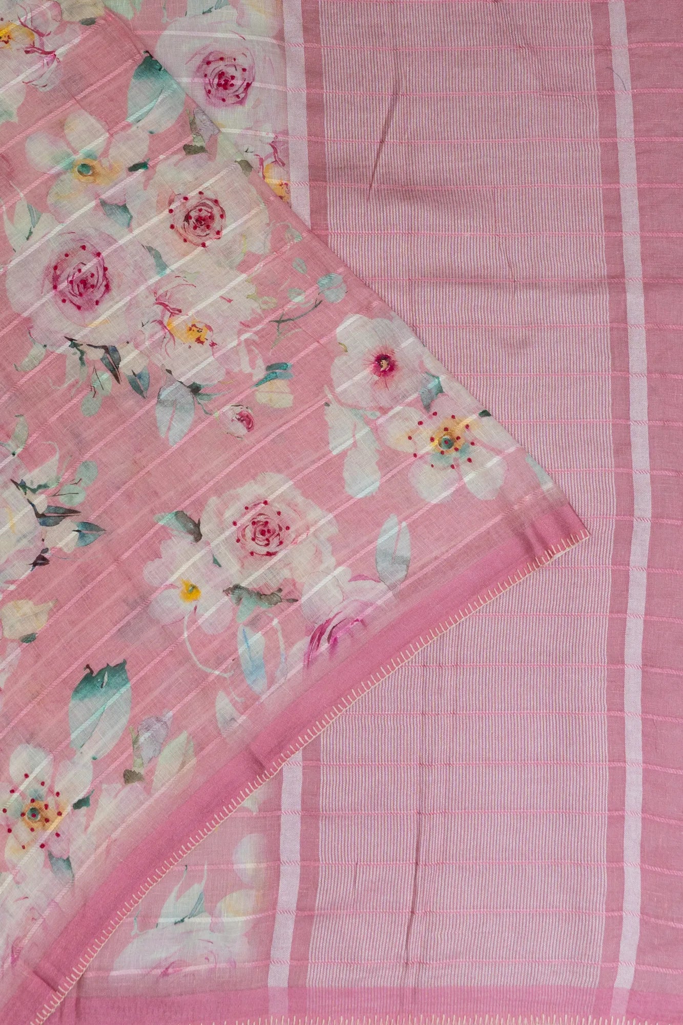 Linen Horizontal Lines And Floral Printed Baby Pink Saree