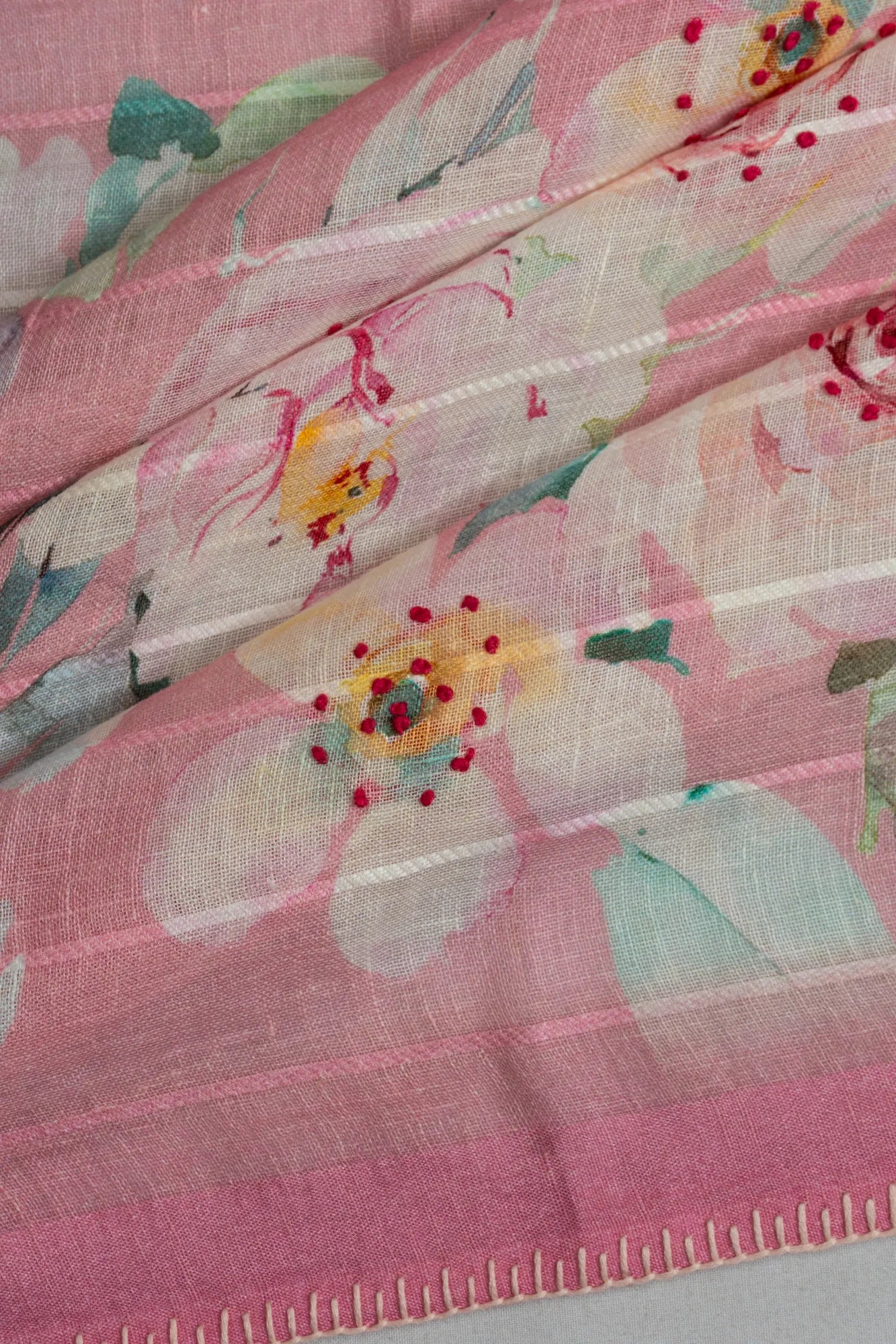 Linen Horizontal Lines And Floral Printed Baby Pink Saree