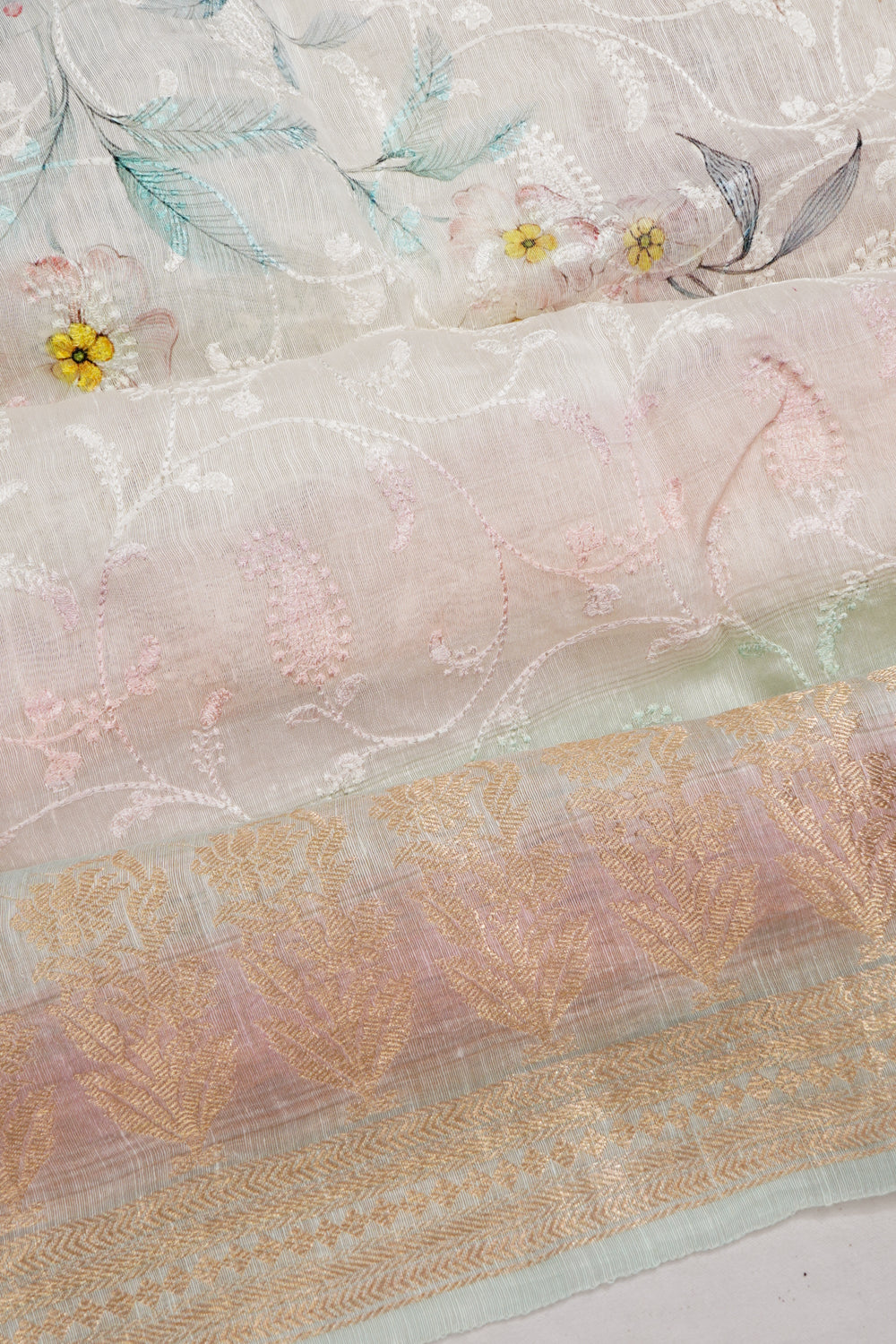 Linen Printed And Embroidery Multicolour Saree