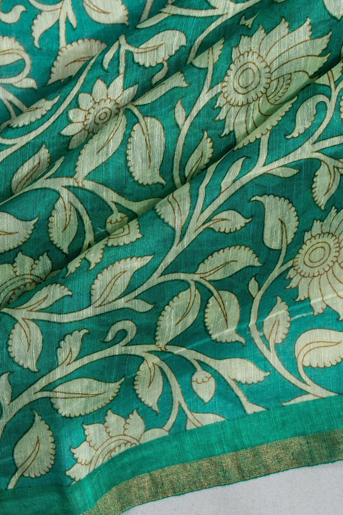 Linen Floral Printed Sea Green Saree With Embroidery Pallu