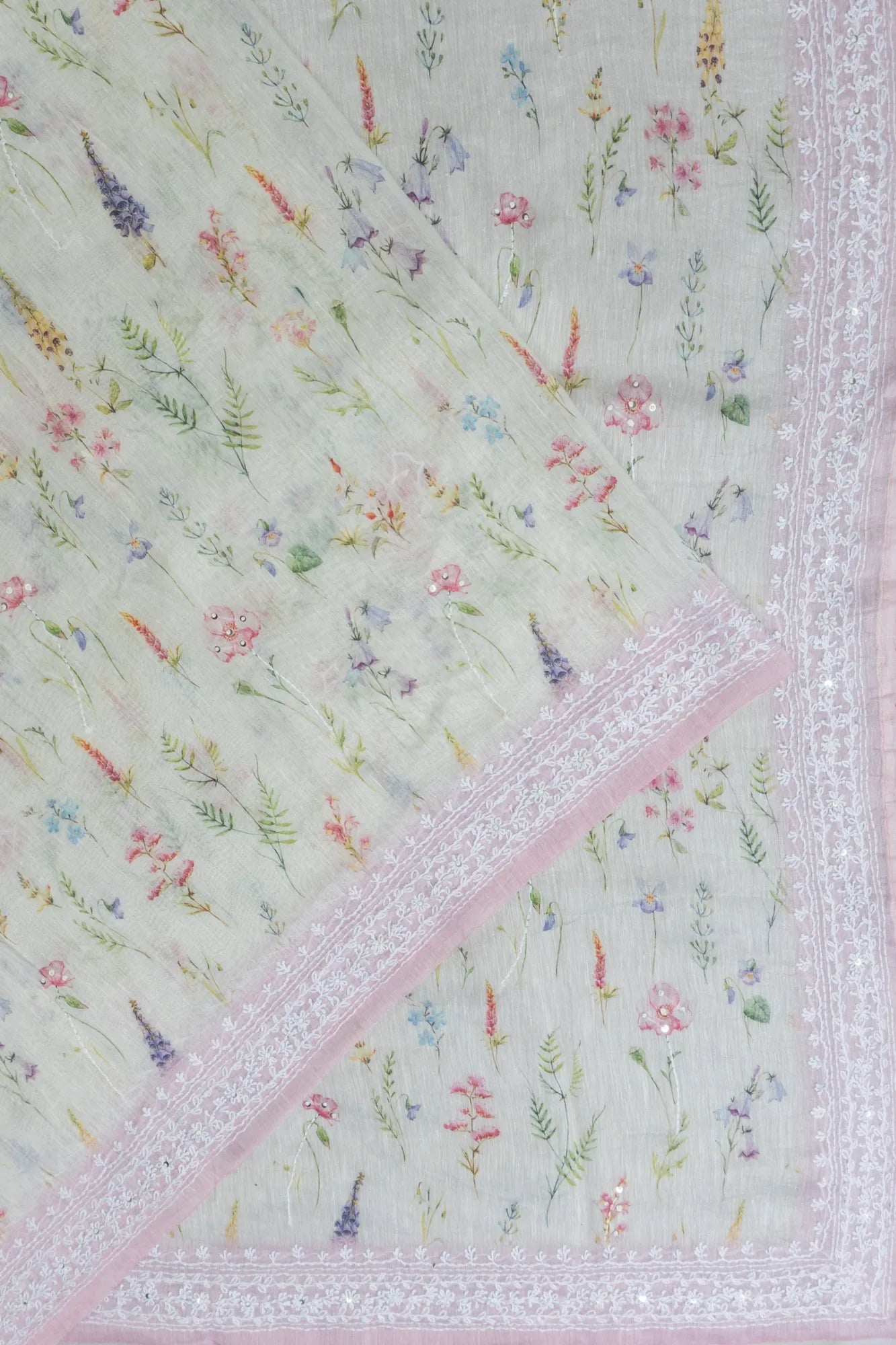 Linen Floral Printed Pastel Green Saree With Embroidery