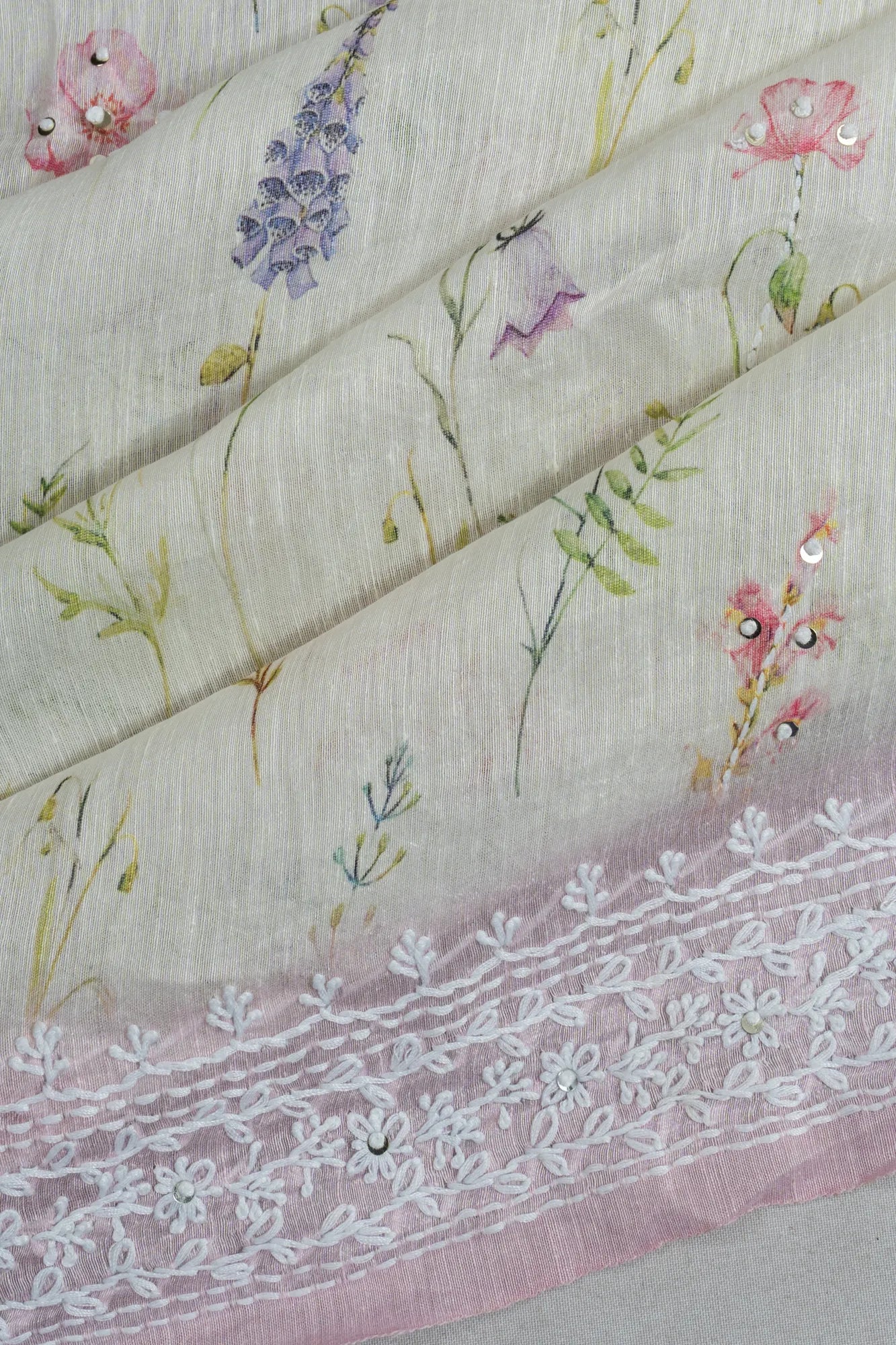 Linen Floral Printed Pastel Green Saree With Embroidery