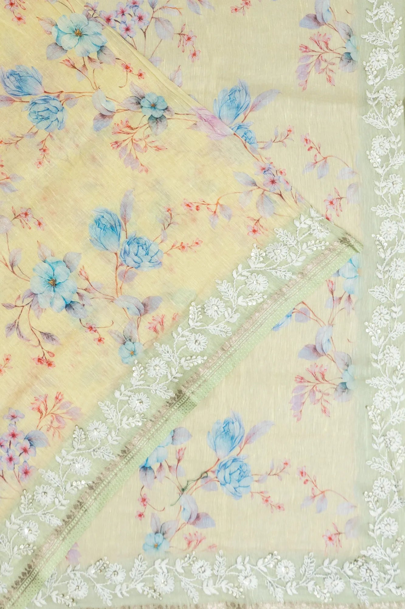 Linen Floral Printed Lemon Yellow Saree With Embroidery
