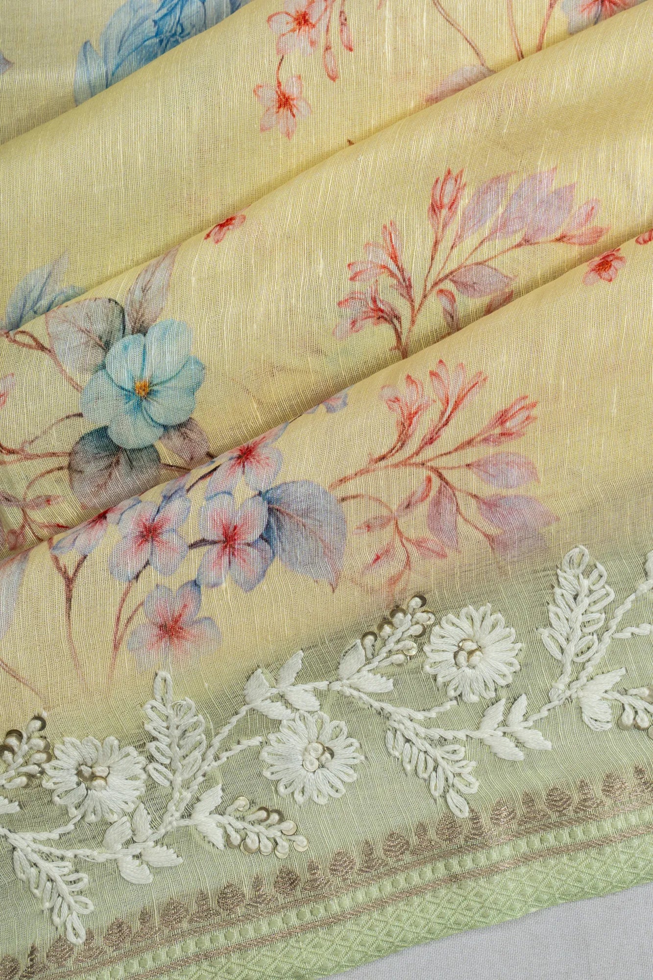 Linen Floral Printed Lemon Yellow Saree With Embroidery