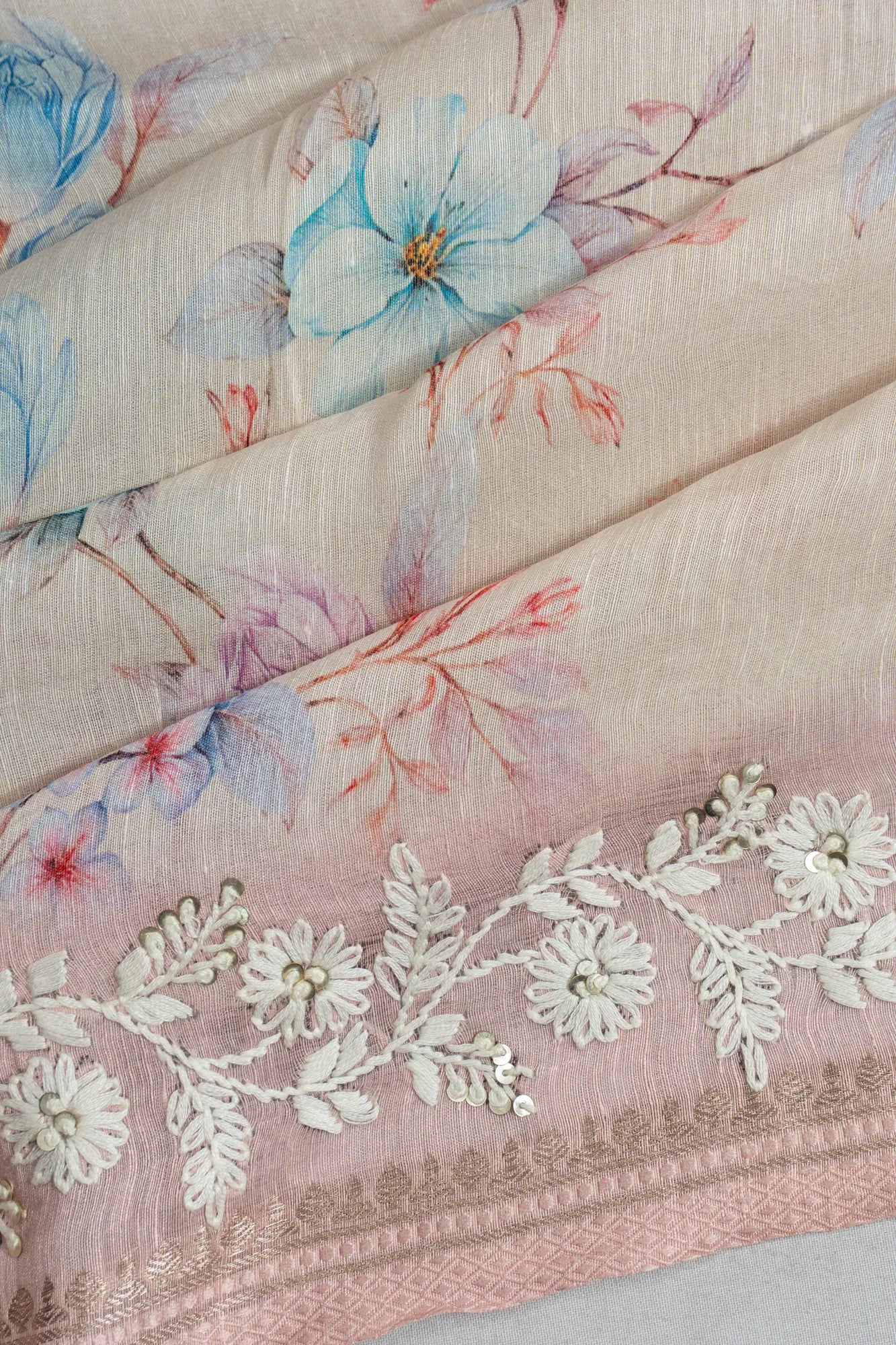 Linen Floral Printed Cream Saree With Embroidery