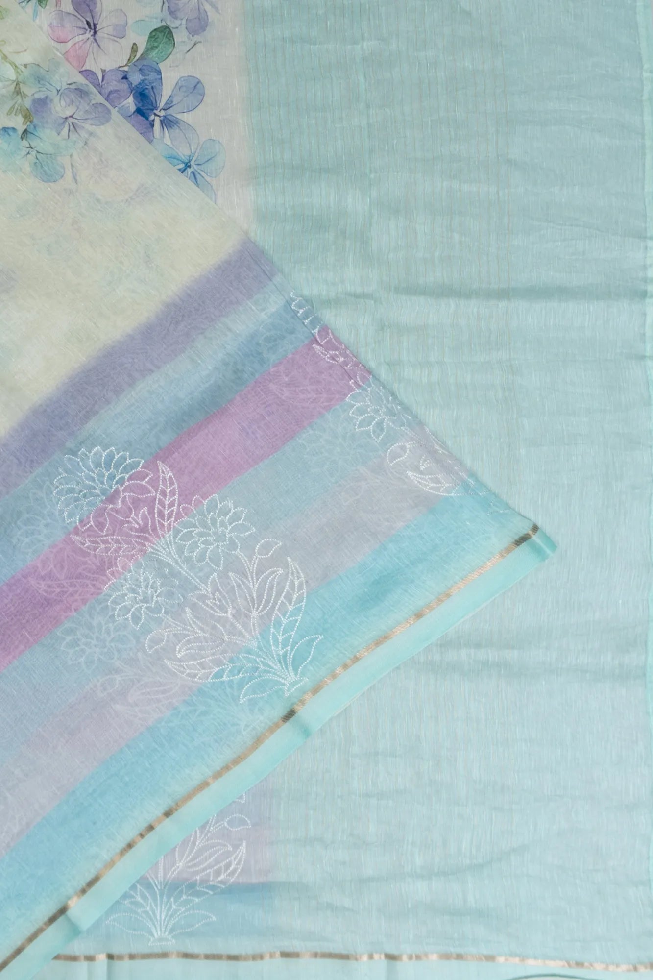 Linen Floral Printed Off White Saree