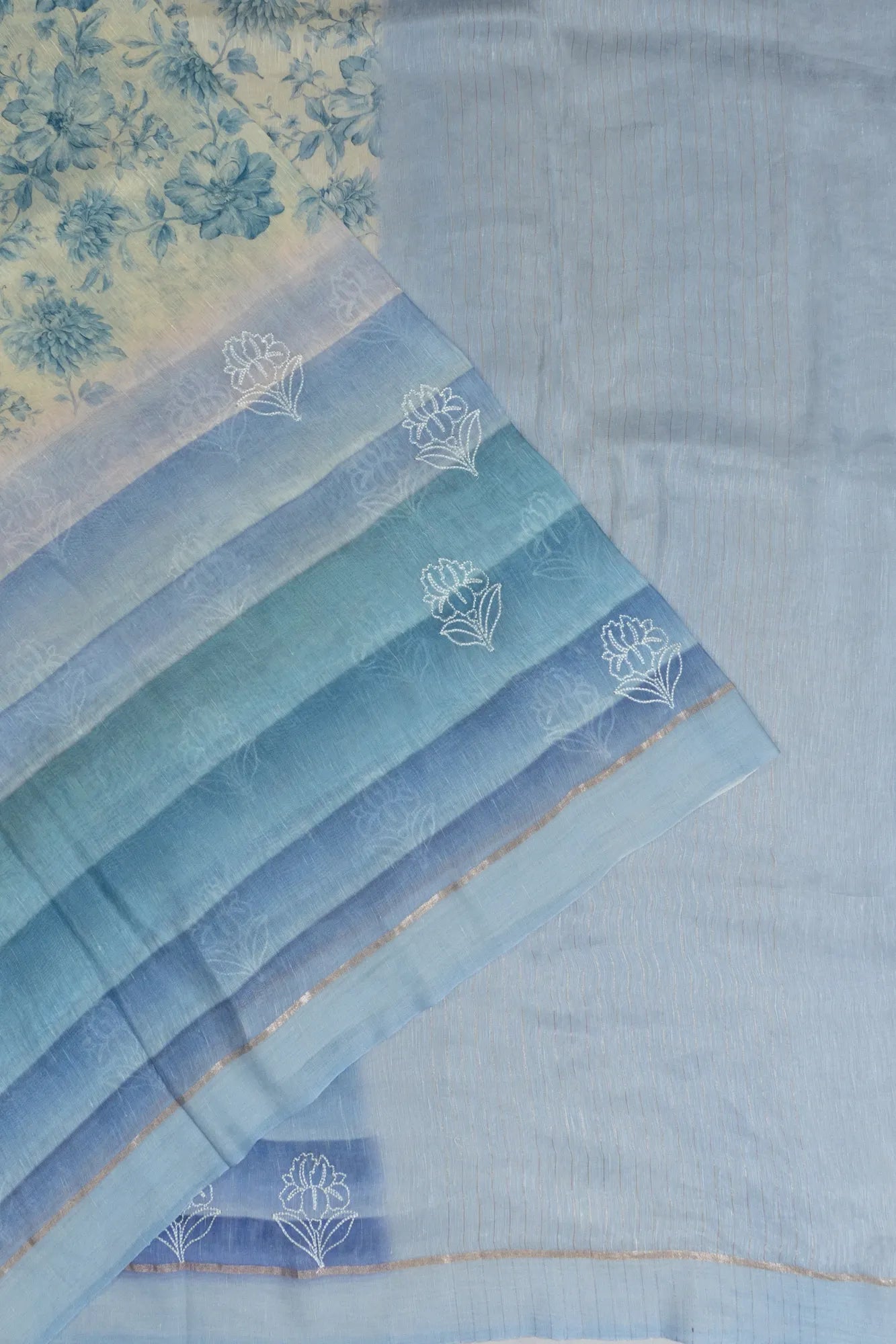 Linen Floral Printed Off White Saree