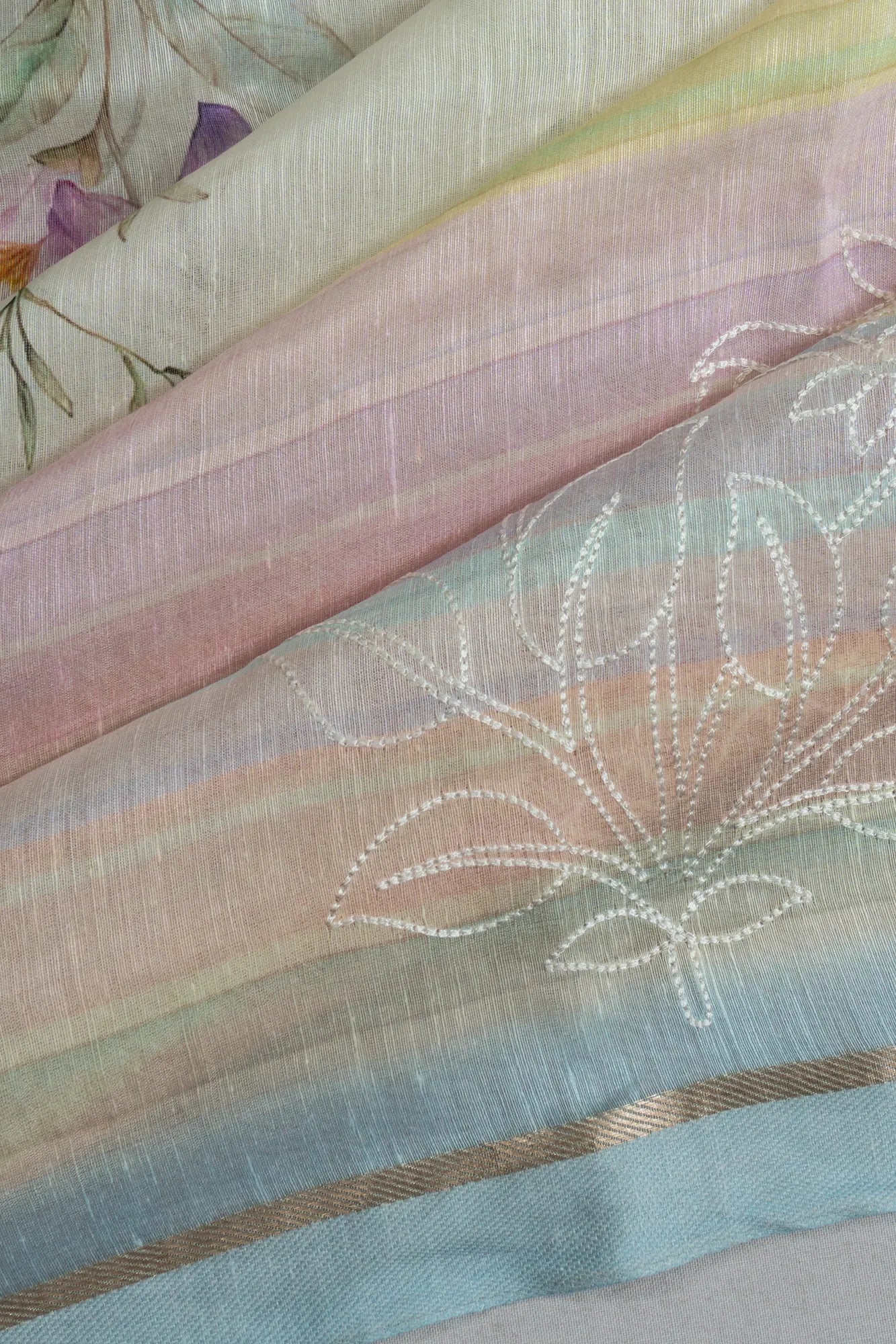 Linen Floral Printed Off White Saree