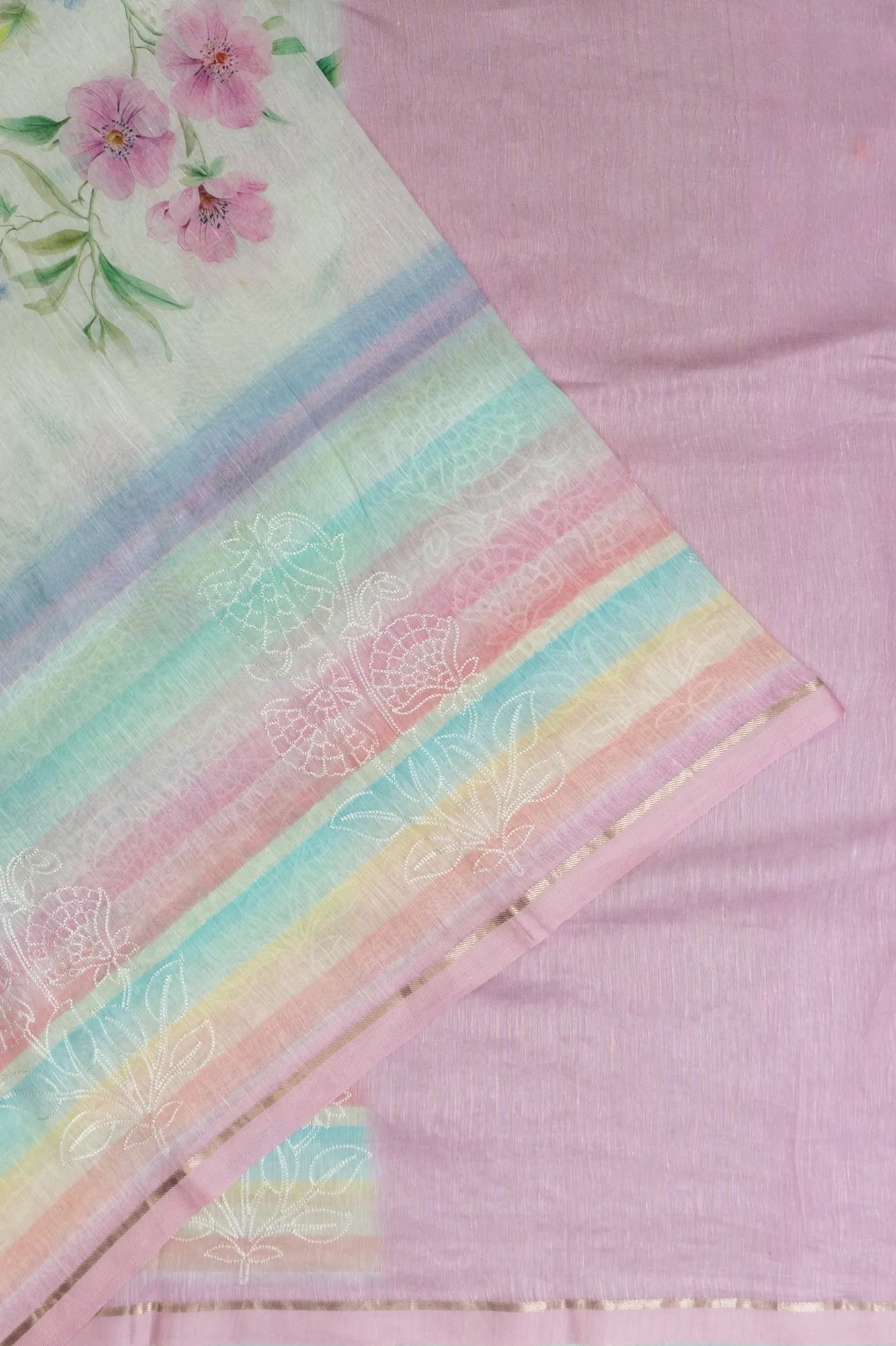 Linen Floral Printed Off White Saree