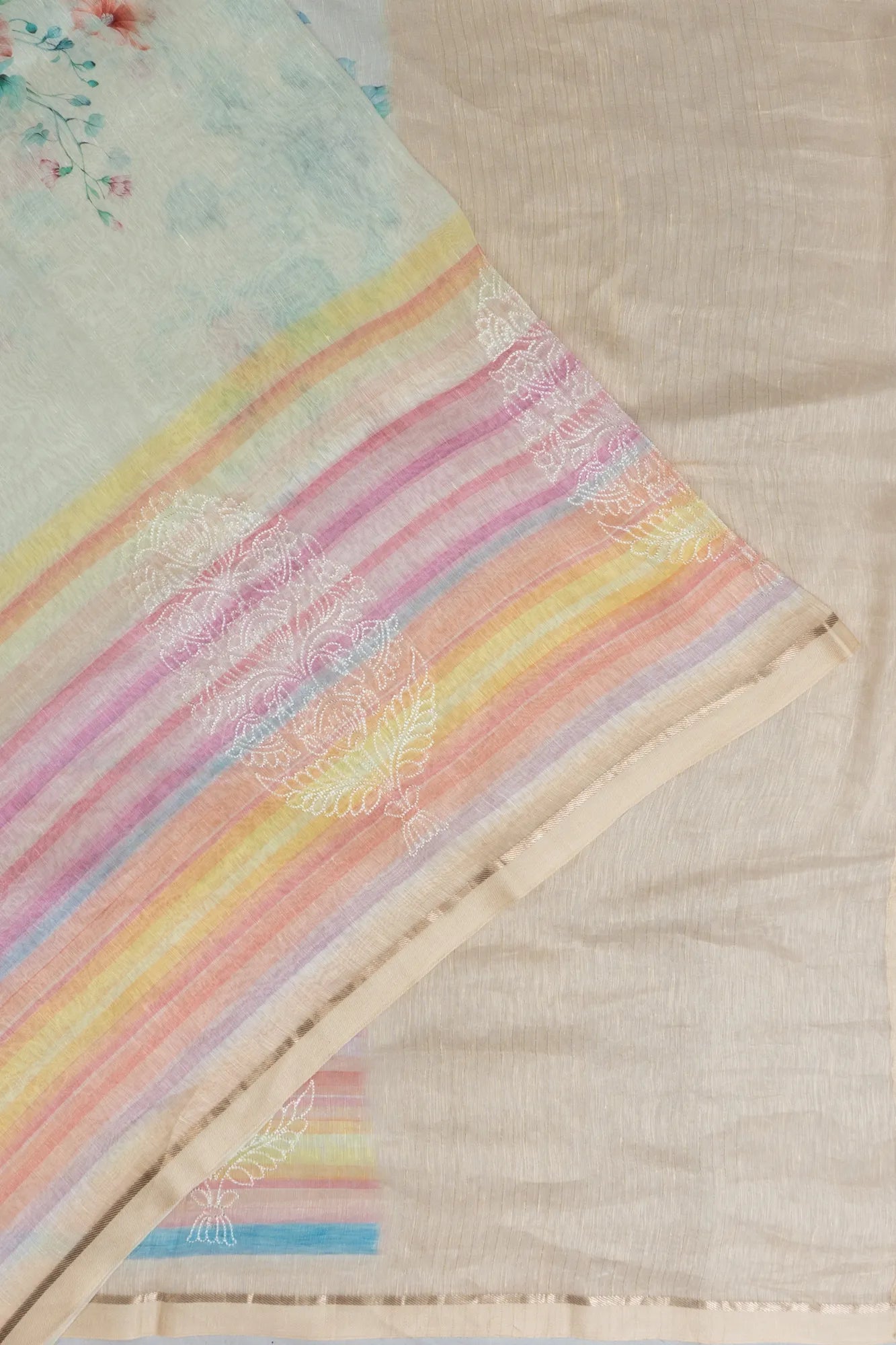 Linen Floral Printed Off White Saree