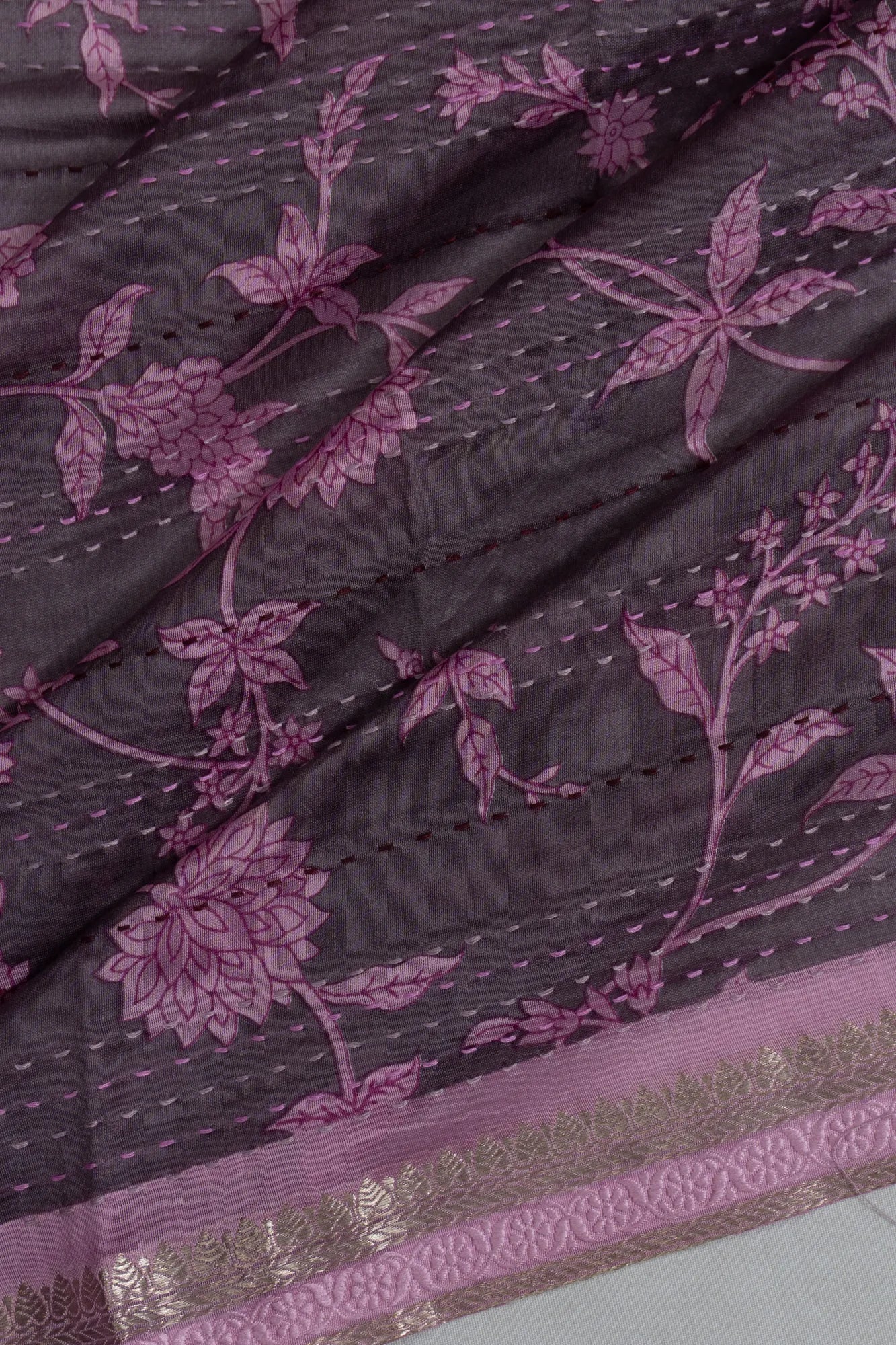 Chanderi Silk Floral Printed Black Saree With Kantha Work