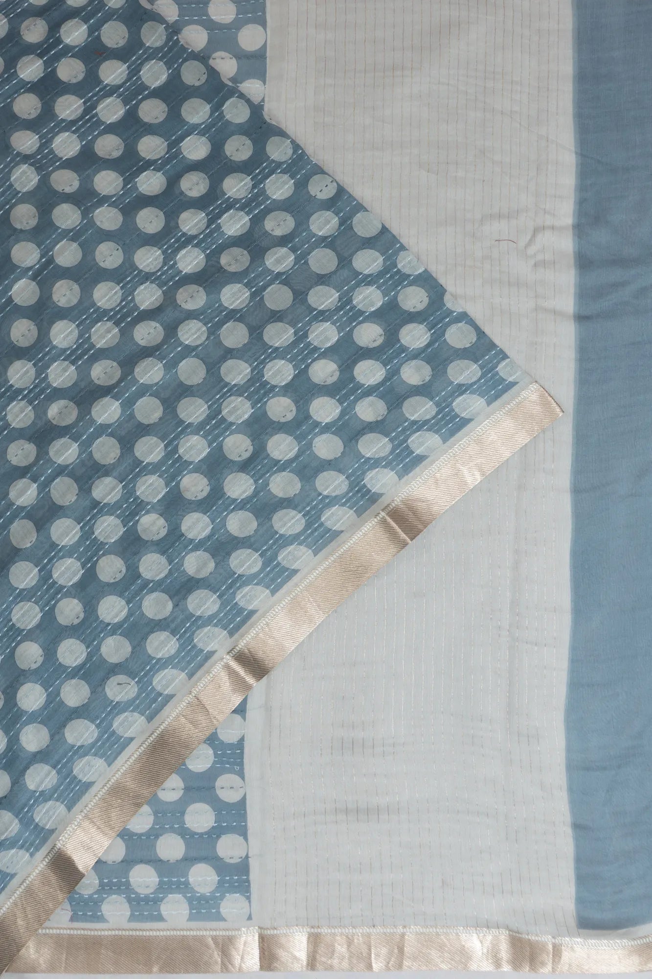 Chanderi Silk Polka Dot Butta Blue Saree With Kantha Work