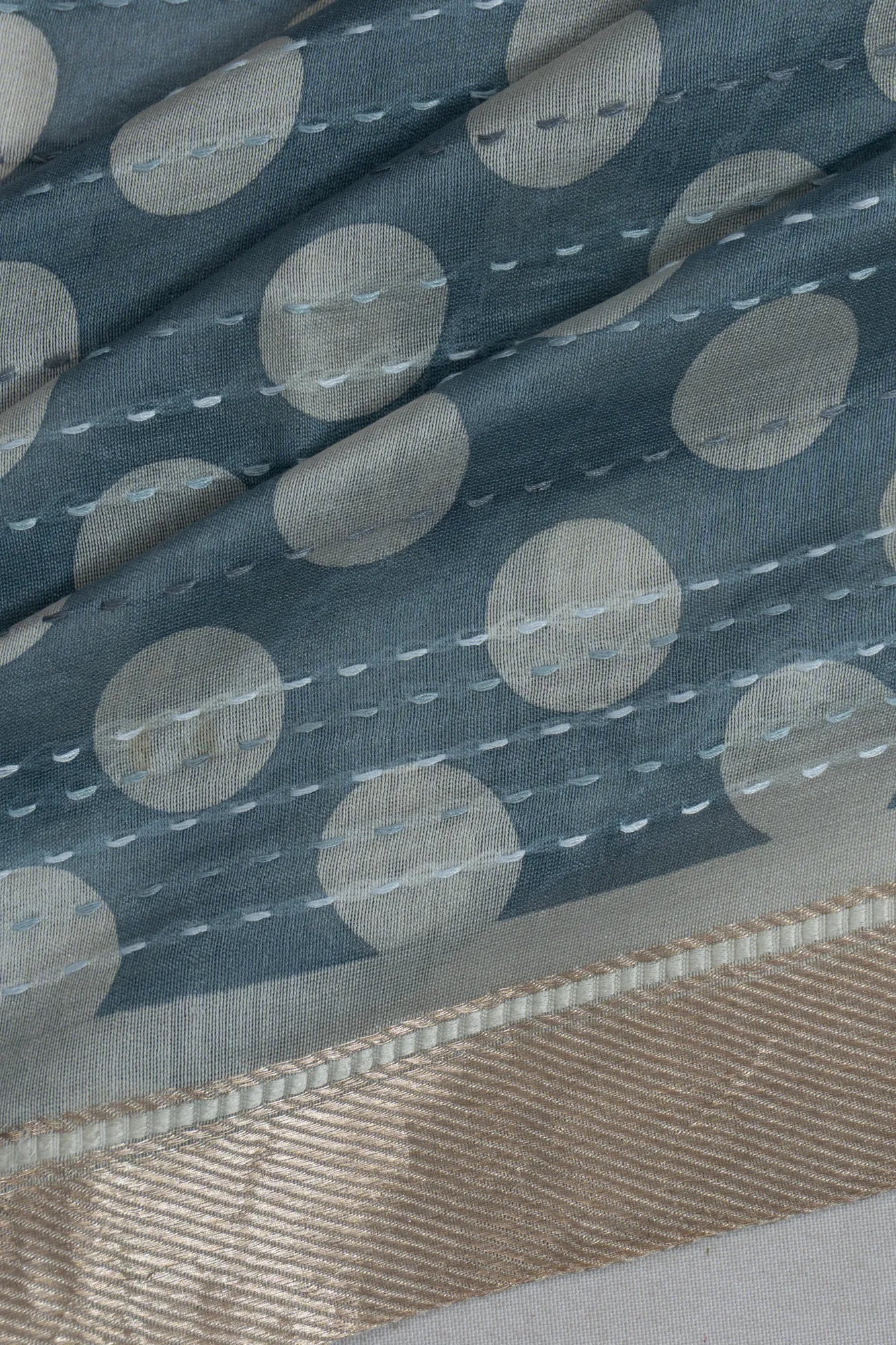 Chanderi Silk Polka Dot Butta Blue Saree With Kantha Work