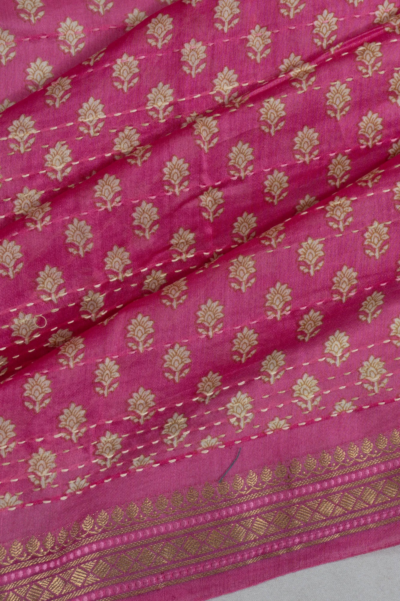 Chanderi Silk Floral Printed Pink Saree With Kantha Work